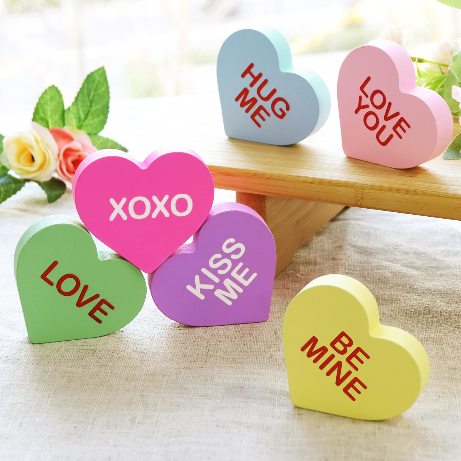 Treory Valentines Day Decor Candy Heart Table Decorations Sign, 6 Pcs Valentines Day Wooden Tiered Tray Decor, Classic Valentines Day Decorations for the Home Table Decor Valentines Day Gifts