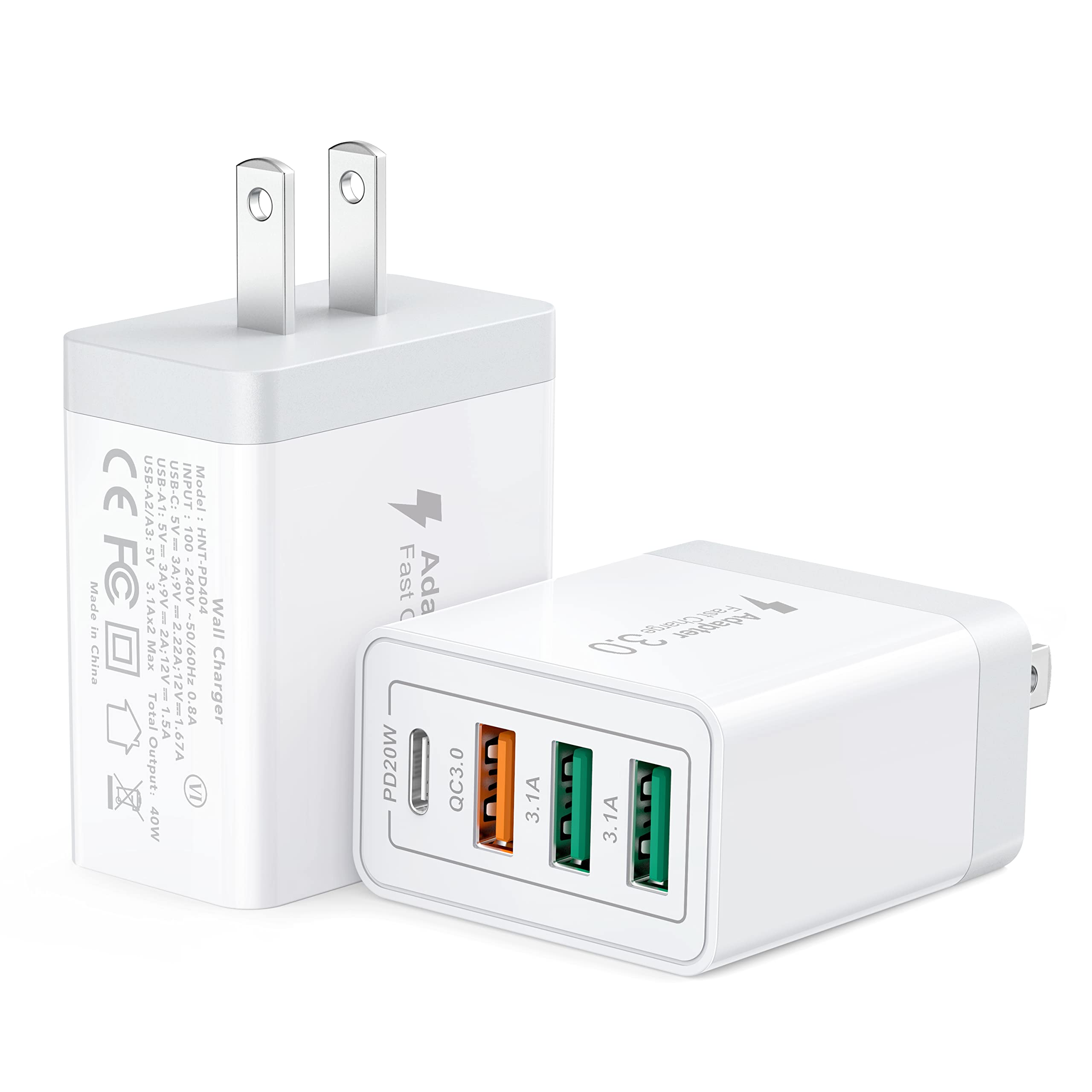 USB-C Wall Charger, 40W Durable 4Port QC+PD 3.0 Power Adapter, Double Fast Plug Charging Block for iPhone 15/15 Pro/ 15 Pro Max/15 Plus/14/13/12, XS/XR/X, Watch Series 8/7 Cube, White, 2 Pack