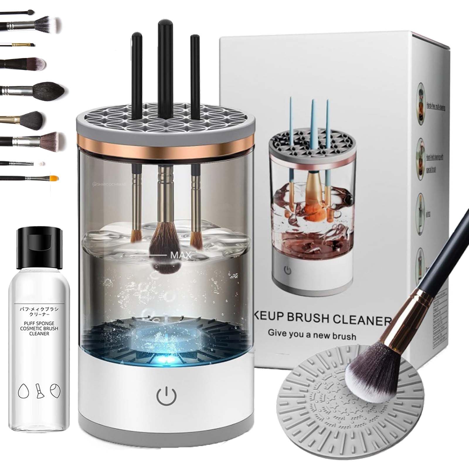 Beauty Swirl Cosmetic Brush Cleaner, The Cozy Luna Brush Cleaner, Electric Makeup Brush Cleaner - Automatic Spinning Cosmetic Tool for Deep Cleaning All Types of Brushes Set (White,Charging)