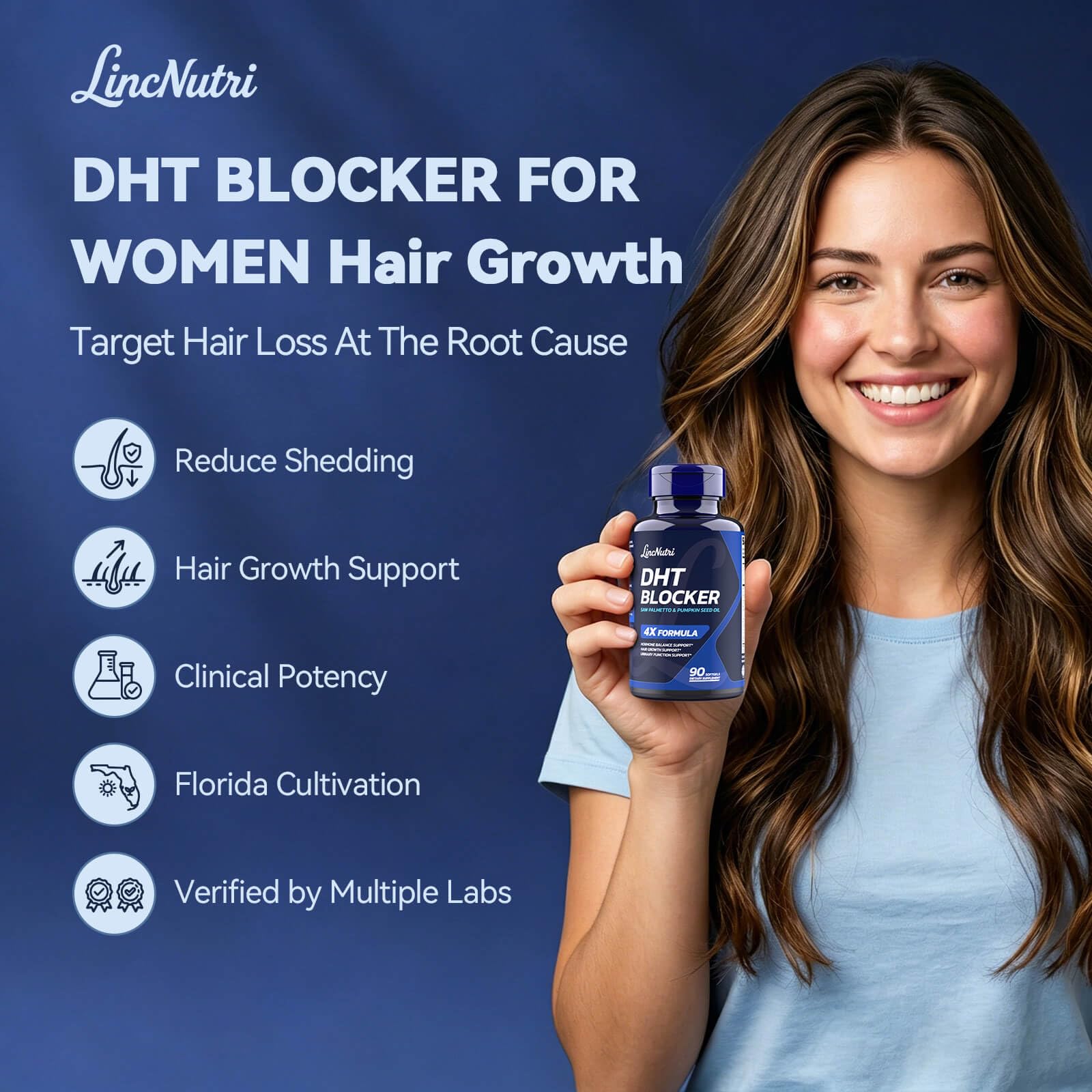 LincNutri DHT Blocker for Women Hair Growth Supplement, 10-in-1 Hair Loss Support Formula with Florida Grown Saw Palmetto, for Fuller-Looking Hair and Women’s Daily Hair Care Routine, 90 Softgels