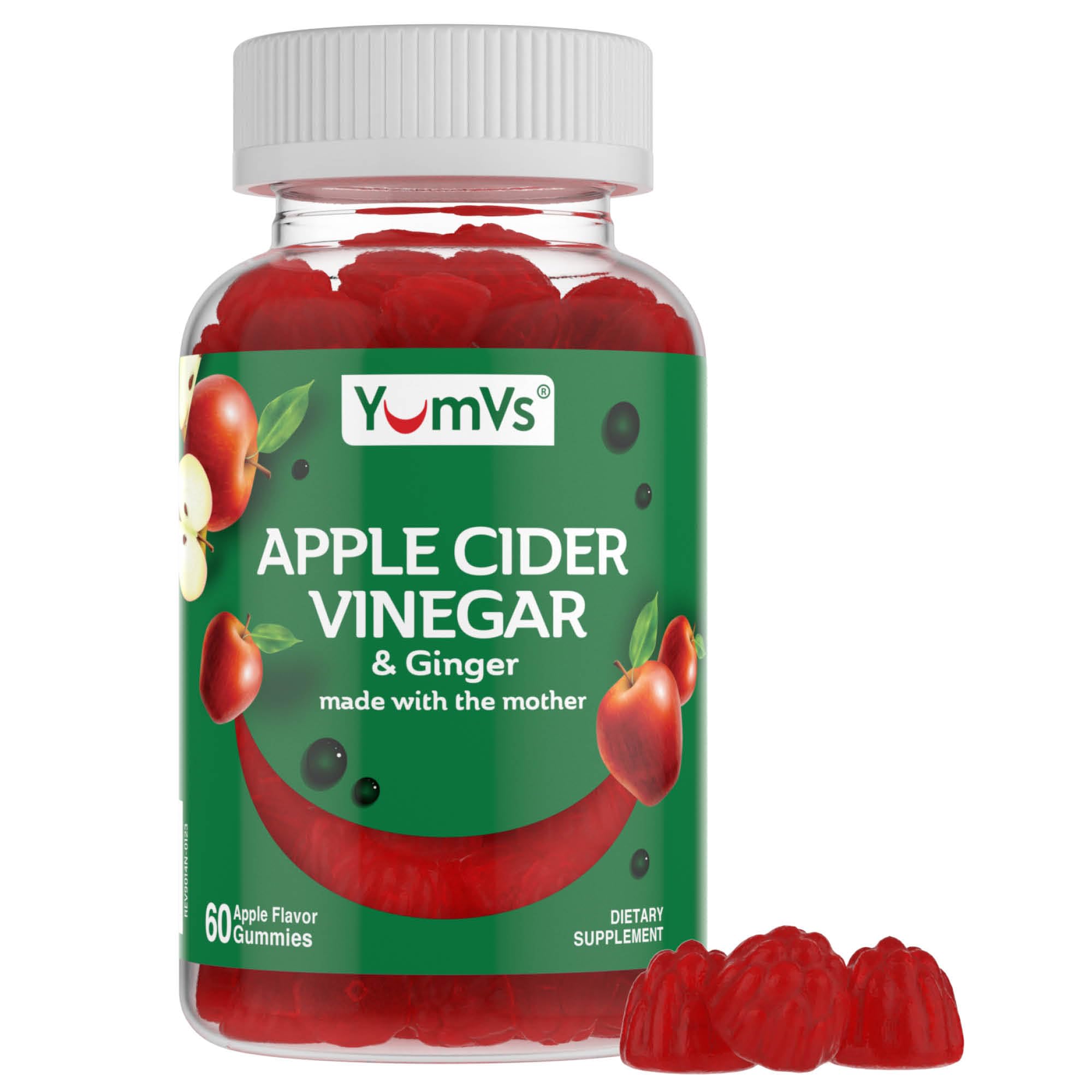 Apple Cider Vinegar Gummies with The Mother + Ginger by YumVs | Non GMO, Vegetarian Supplement for Women & Men | Heart Health and Digestive Support | Natural Apple Flavor Chewables - 60 Count