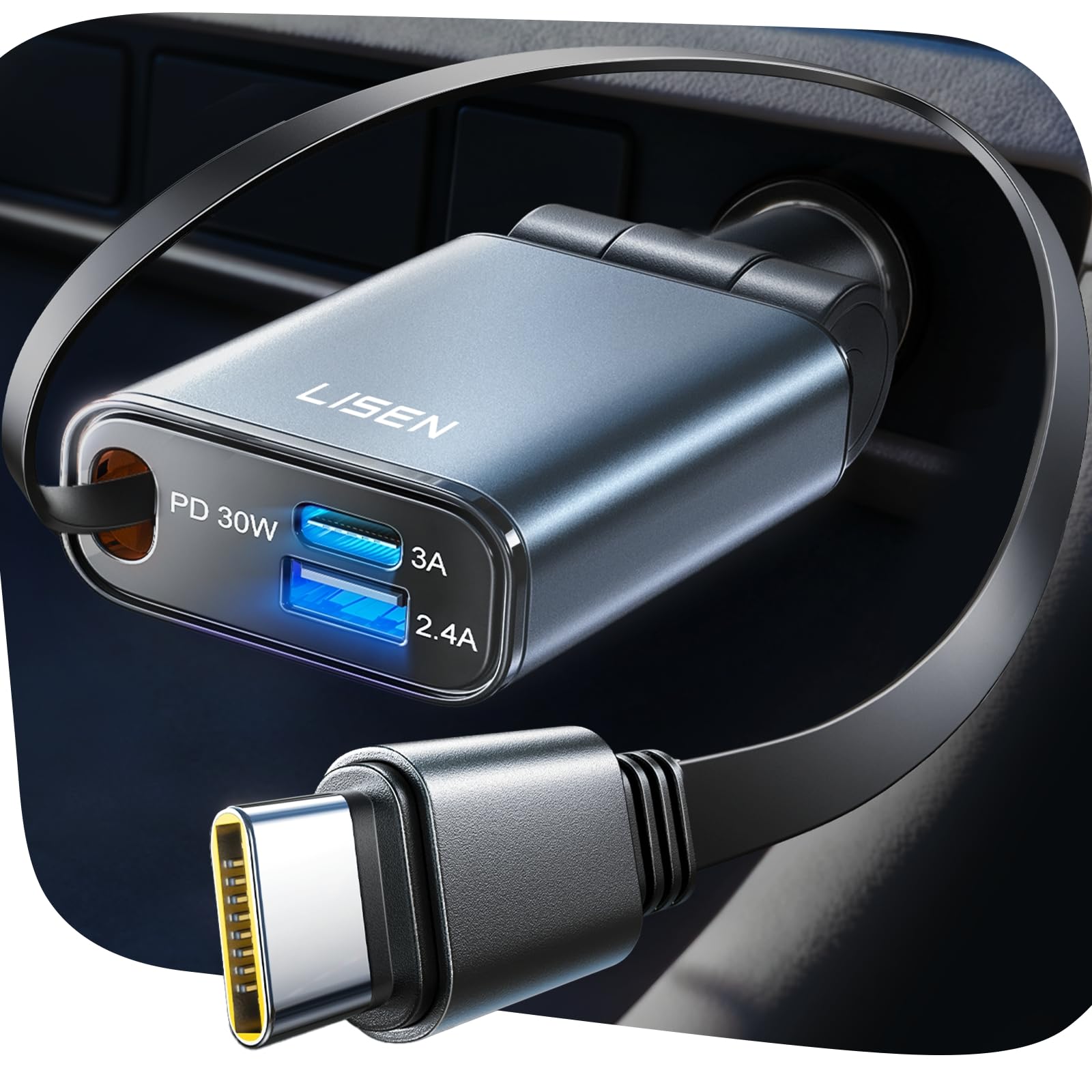 LISEN for Car Charger USB C Fast Charge fit iPhone 17 Pro Max Air, [Ultra-Mini, 60% Less Space] 57W Type C Retractable Car Phone Charger Adapter for iPhone 16e 16 15 Samsung S25 S24 Pixel Android