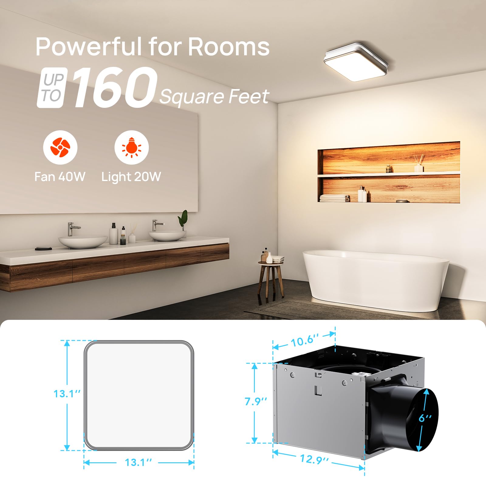 Consciot Bathroom Exhaust Fan with Light, 110/160 CFM, Super Quiet 1.0 Sone, 40W Bathroom Fan with Light for Ceiling, 1500lm LED Light 3000K/4000K/5000K Selectable & Nightlight, Bath Ventilation Fan