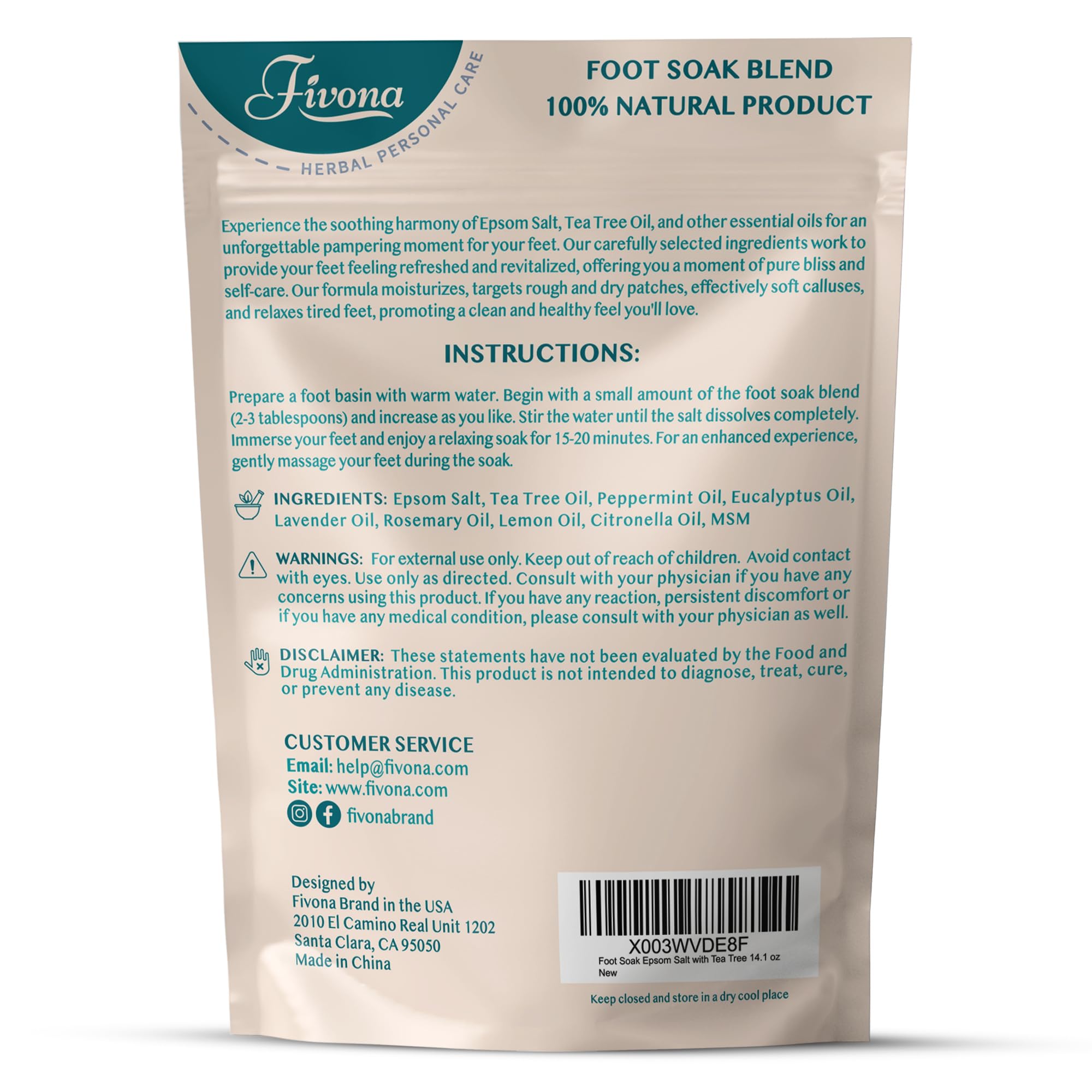 Fivona Tea Tree Foot Soak Blend 14.1 oz - Epsom Salt with Essential Oils for Healthy Toenails, Soothing Relief, Callus Softening - Pedicure Therapy for Soft, Rejuvenated Feet
