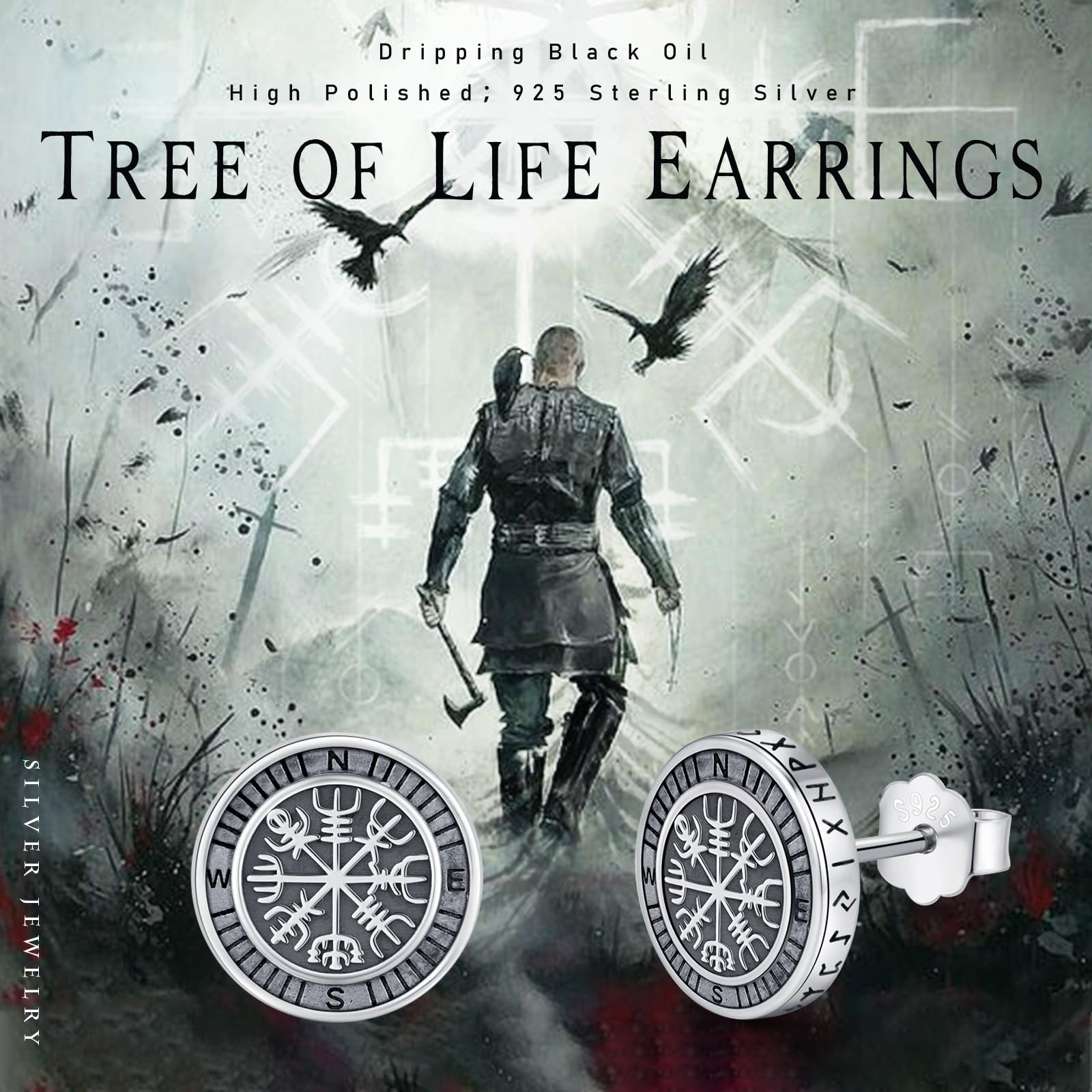 Viking Shield Helm of Awe Compass Earrings 925 Sterling Silver Runic Circle Ancient Norse Mythology Protection Amulet Stud Earrings Pagan Nordic Jewelry Gift for Men Women