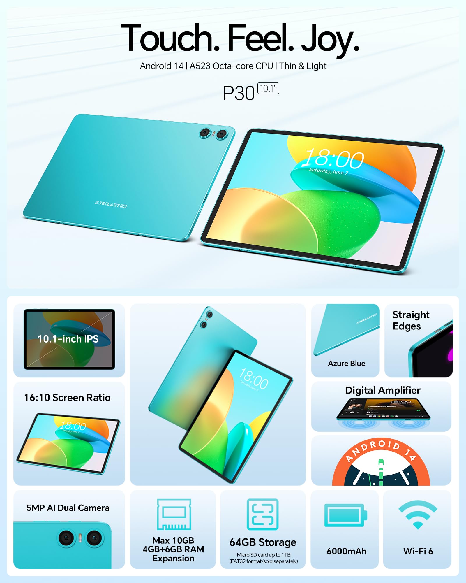 TECLAST Android 14 Tablet 10 inch Tablets, P30 10GB RAM 64GB ROM 1TB Expand, Octa-Core Processor, 1280x800 IPS HD Touch Screen, WiFi 6, Dual Camera, BT5.4, 6000mAh, Widevine L1