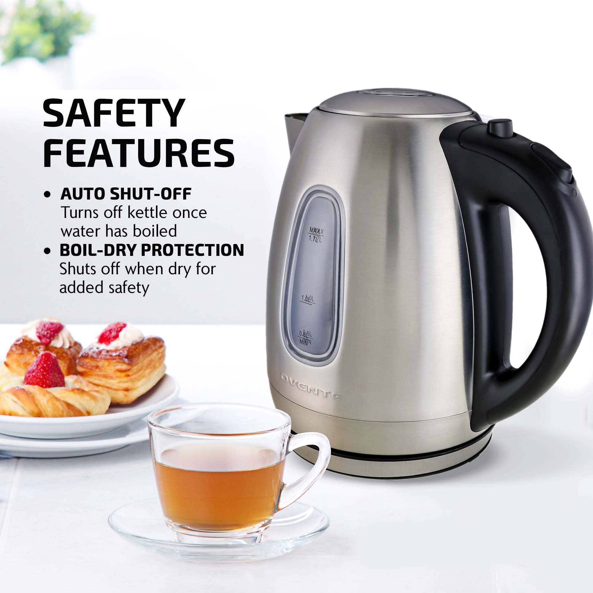 OVENTE Electric Kettle Stainless Steel Instant Water Boiler BPA Free 1.7 Liter 1100 Watts Fast Boiling with Cordless Body and Automatic Shut Off Safe and Perfect for Tea Coffee Milk, Silver KS96S