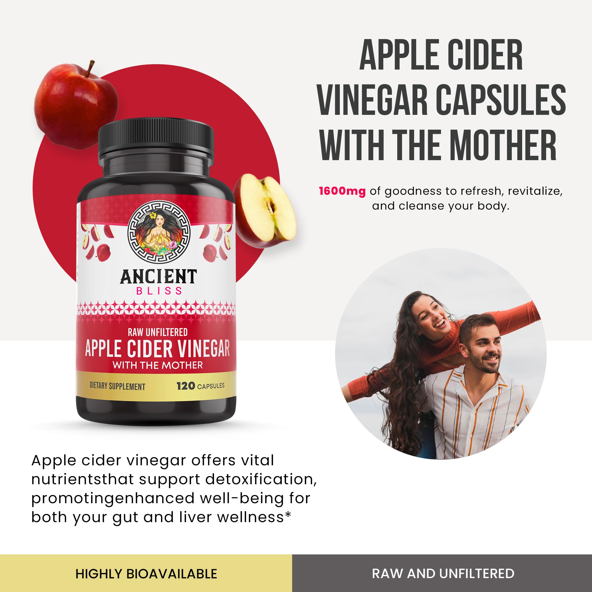 Ancient Bliss Apple Cider Vinegar Organic Capsules with The Mother, Helps Improve Digestion, Unfiltered Vinegar Capsules, 1600MG (120 Capsules)