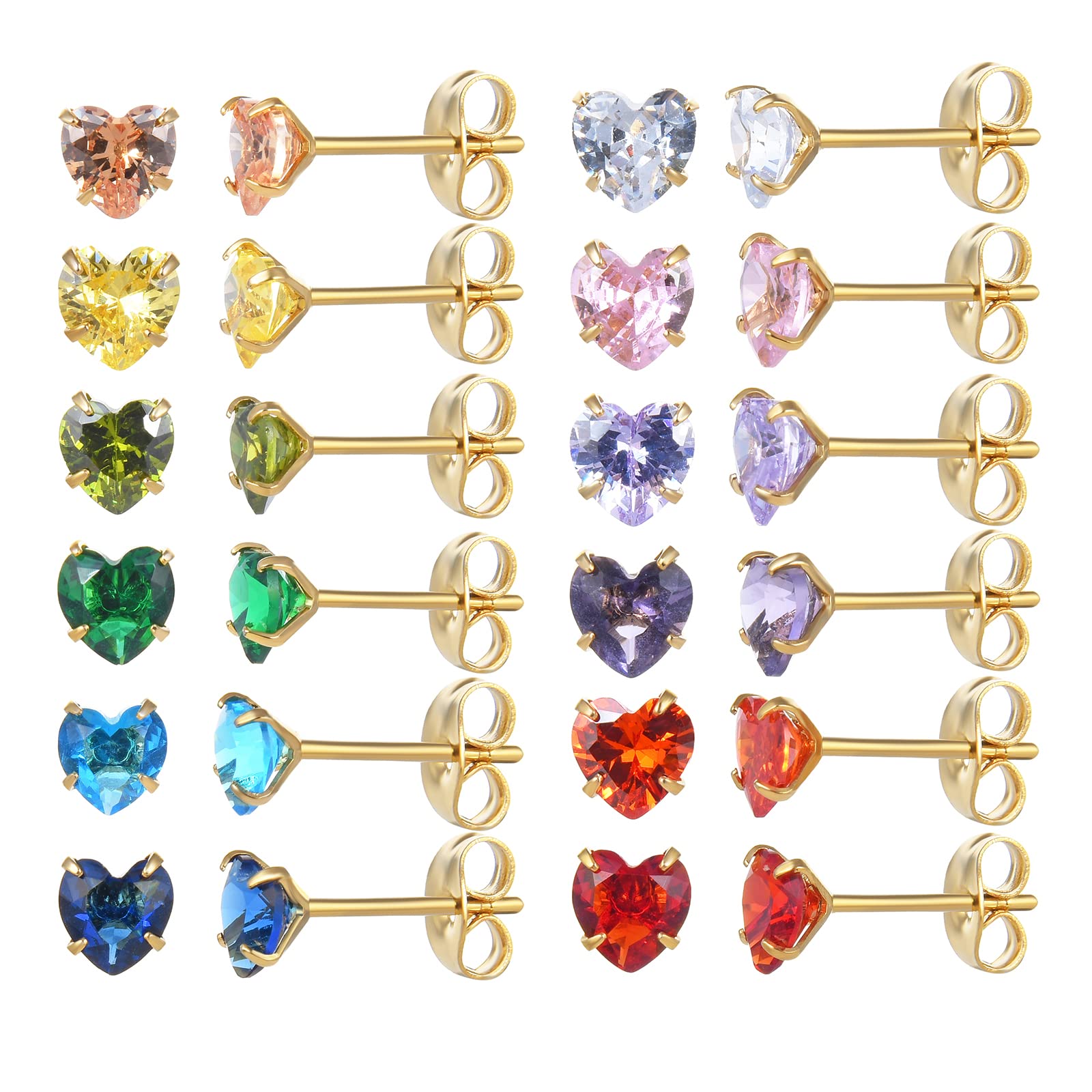 12 Pairs 18K Gold Plated Surgical Stainless Steel Stud Earrings, Star Heart Stud Earring for Women, Cubic Zirconia Birthstone Stud Earrings Set (Gold heart 3mm)