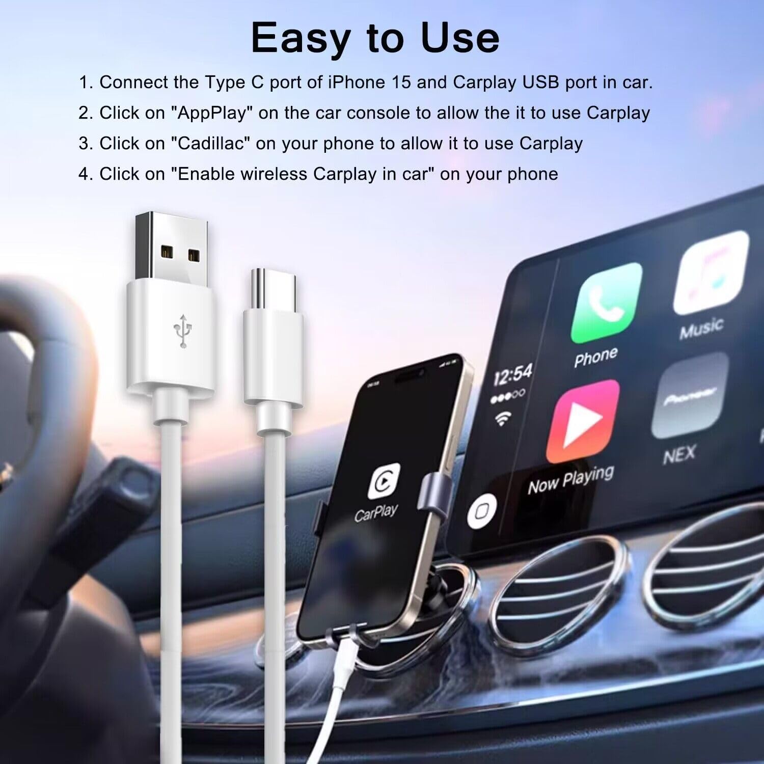 Car Carplay Cable for iPhone 15 Car Charger Cord, 3.3FT USB A to USB C Cable for Apple Carplay, USB C Cord Compatible with iPhone 15 Pro Max Plus, iPad Pro Air Mini Car Charger Cord Charging Cable