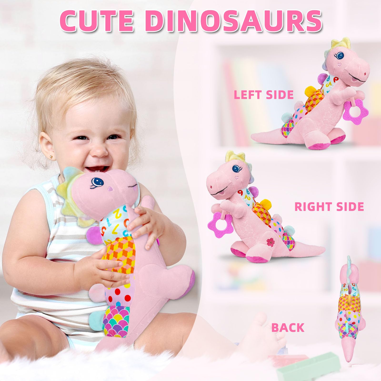 Baby Dino Musical Stuffed Animal Toys for 0-3-6-9-12 Months，Infant Dinosaur Tummy Time Toys with Crinkle Sound Paper，Teether，Textures & Rattles for Newborn Boys Girls Birthday Gifts，Pink