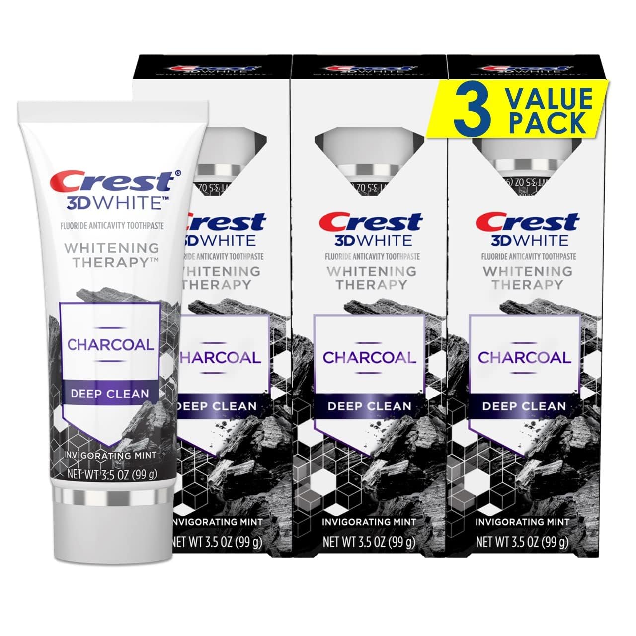 Crest 3D White Whitening Therapy Charcoal Deep Clean Fluoride Toothpaste, Invigorating Mint, 3.5 Ounce, Pack of 3