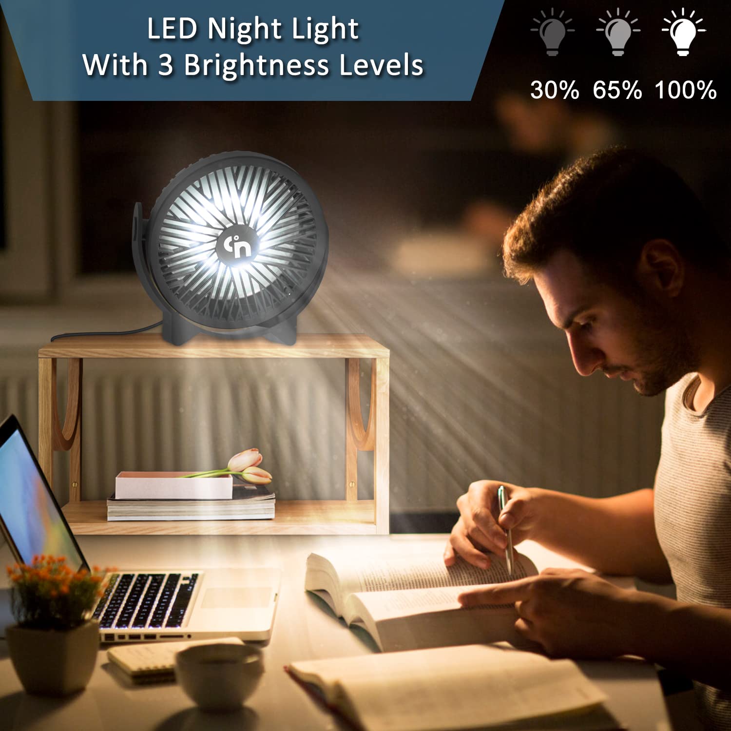 GagetElec USB Desk Fan with LED Night Lights,3 Speeds Quiet Personal Mini Table Fan,360°Rotation Strong Wind Cooling Fan,Small Desktop Fan for Home Office Desktop Office Table 5.3 Inch (T5-07)