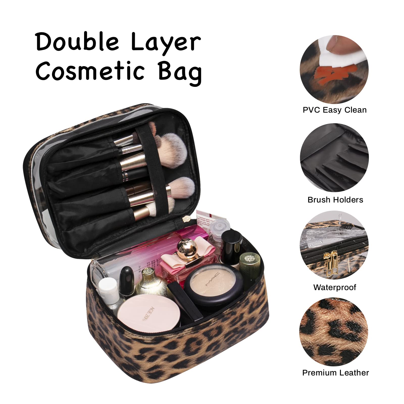 imerelez Double-layer Cosmetic Bag Makeup Bag Travel Makeup Bag Makeup Bags for Women Cosmetics Cases Portable Waterproof Foldable (Leopard)