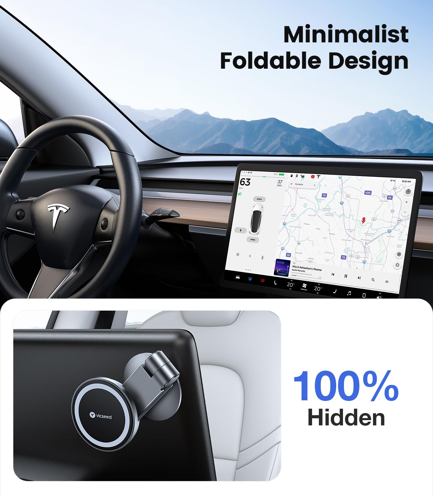 VICSEED Tesla Phone Mount【Strongest Magnet Power】MagSafe Car Mount for Tesla Model 3 Model Y, Foldable Hidden Tesla Phone Holder Fit for All Phone, Tesla Model Y Accessories Tesla Model 3 Accessories