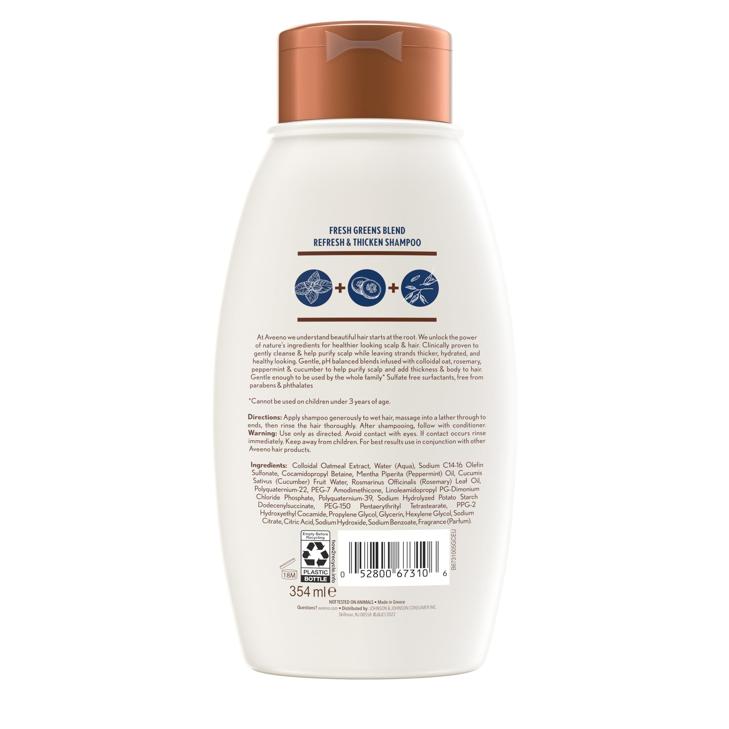 Aveeno, Fresh Greens Blend Sulfate-Free Shampoo with Rosemary, Peppermint & Cucumber to Thicken & Nourish, Clarifying & Volumizing Shampoo for Thin or Fine Hair, Paraben-Free, 12oz