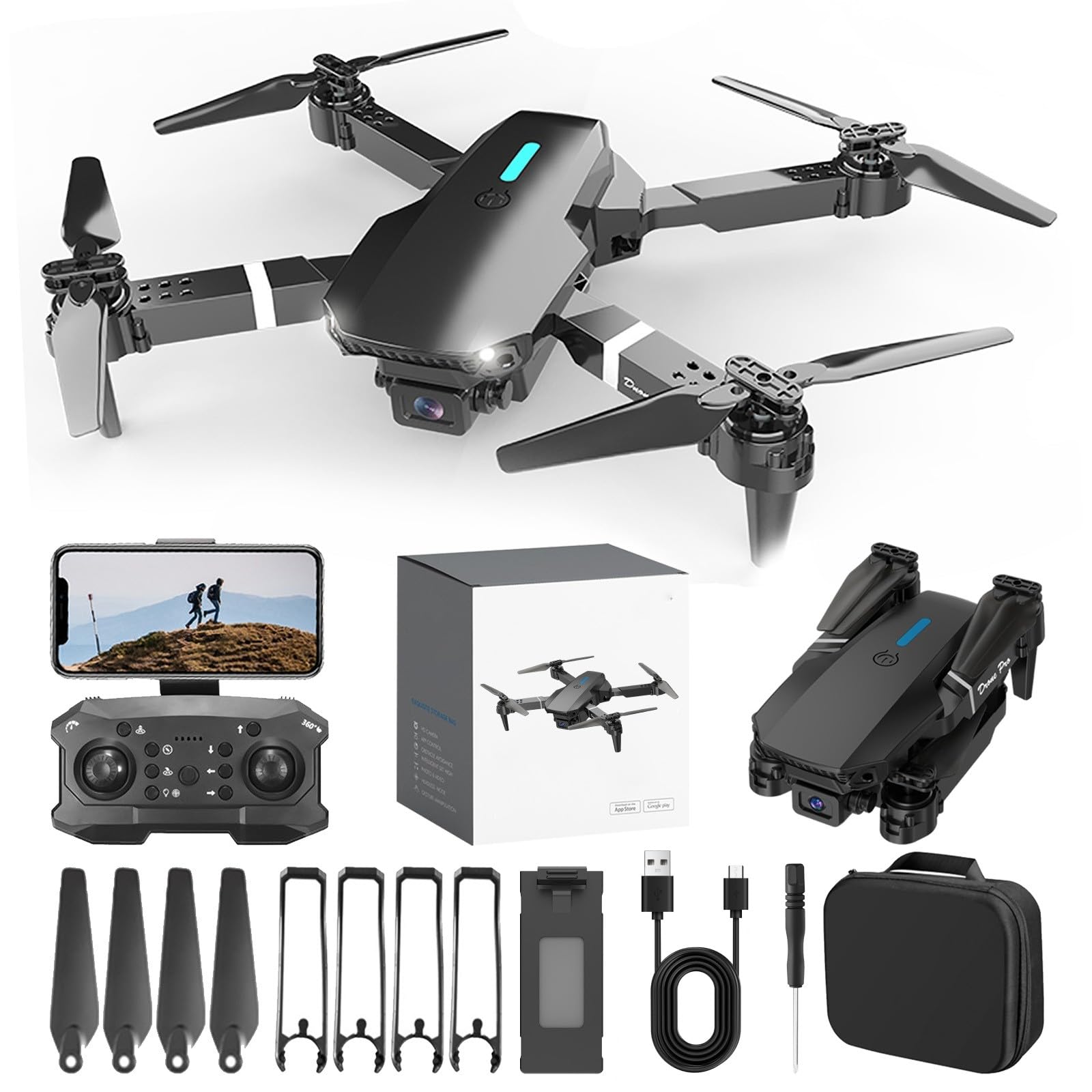 Drone with Camera 1080P HD FPV Foldable Drone for Beginners, RC Quadcopter with Carrying Case, Speed Adjustment, LED Lights, Remote Control Toys Gifts For Boys Girls