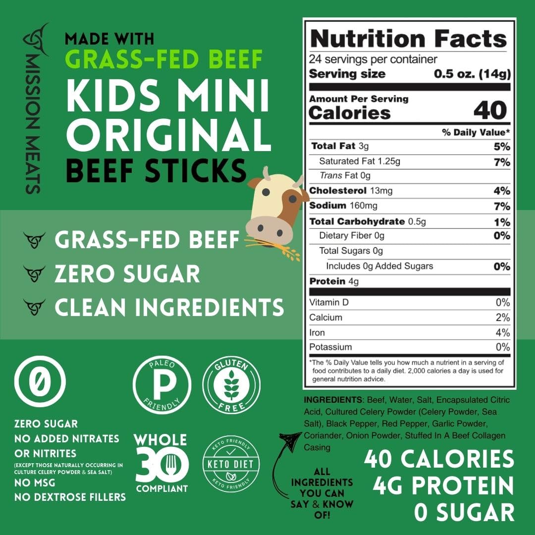 Mission Meats Kids Beef Sticks – 100% Grass Fed Mini Beef Sticks, Kids Lunch Snacks & Toddler Snacks, Non-GMO, Kids Meat Snacks, Allergen Free, Gluten Free Snacks, 0.5oz (Original, Pack of 24)