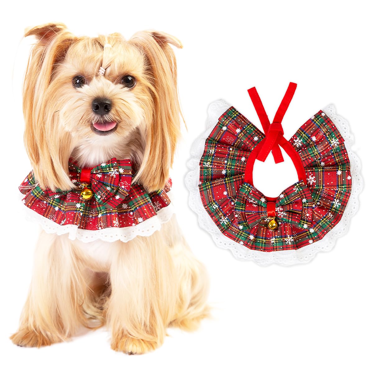 Dog Christmas Outfit – Holiday Dog Bandana with Bells, Plaid Scarf for Small Dogs & Cats, Cute Cat Christmas Outfit for Winter Parties & Photos (S)