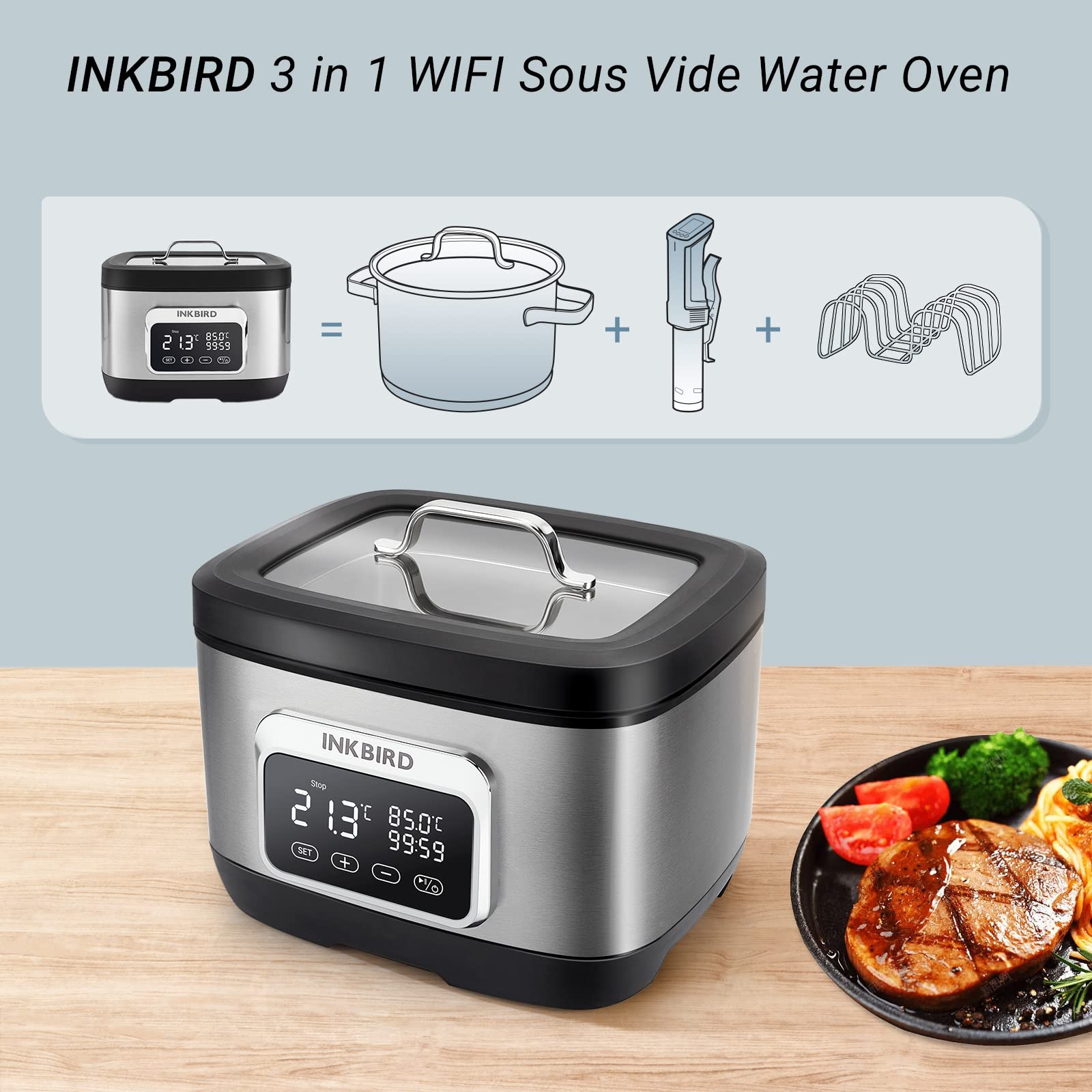 Inkbird Wifi Sous Vide Cooker,700W Sous Vide Machine, 8 Quart Water Oven with Rack Divider and 14 Preset Recipes, 3D Water Circulation Rapid Heating,Wifi Control & Timmer- All-in-One Sous Vide Pot