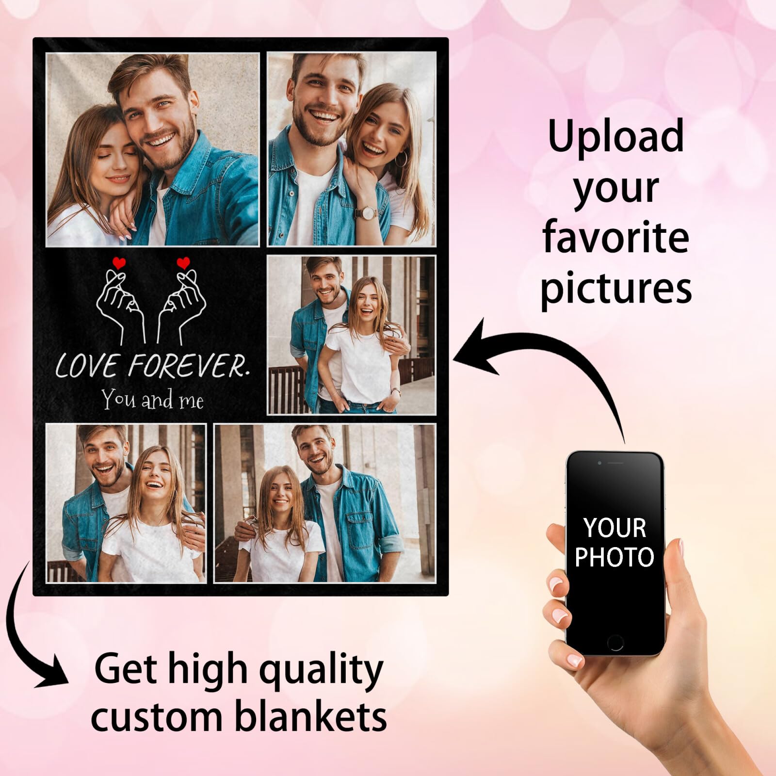 Custom Valentines Day Blanket with Picture Name, Custom Photo Throw Blankets Gifts for Him/Her, Personalized Gift from Boyfriend Girlfriend Wife Husband Couple, Customized Birthday Gifts Ideas