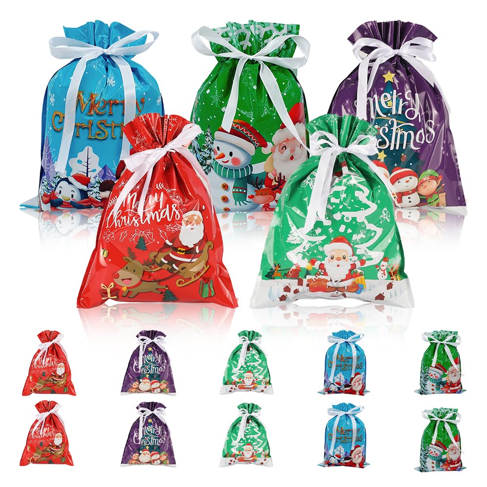 Drawstrings Christmas Gift Bags, 2024 Upgraded Christmas Foil Gift Wrapping Sacks Pouches Candy Cookie Gift Giving, Holiday Wrapping Multicolor Xmas Gift Treat Bags (15)