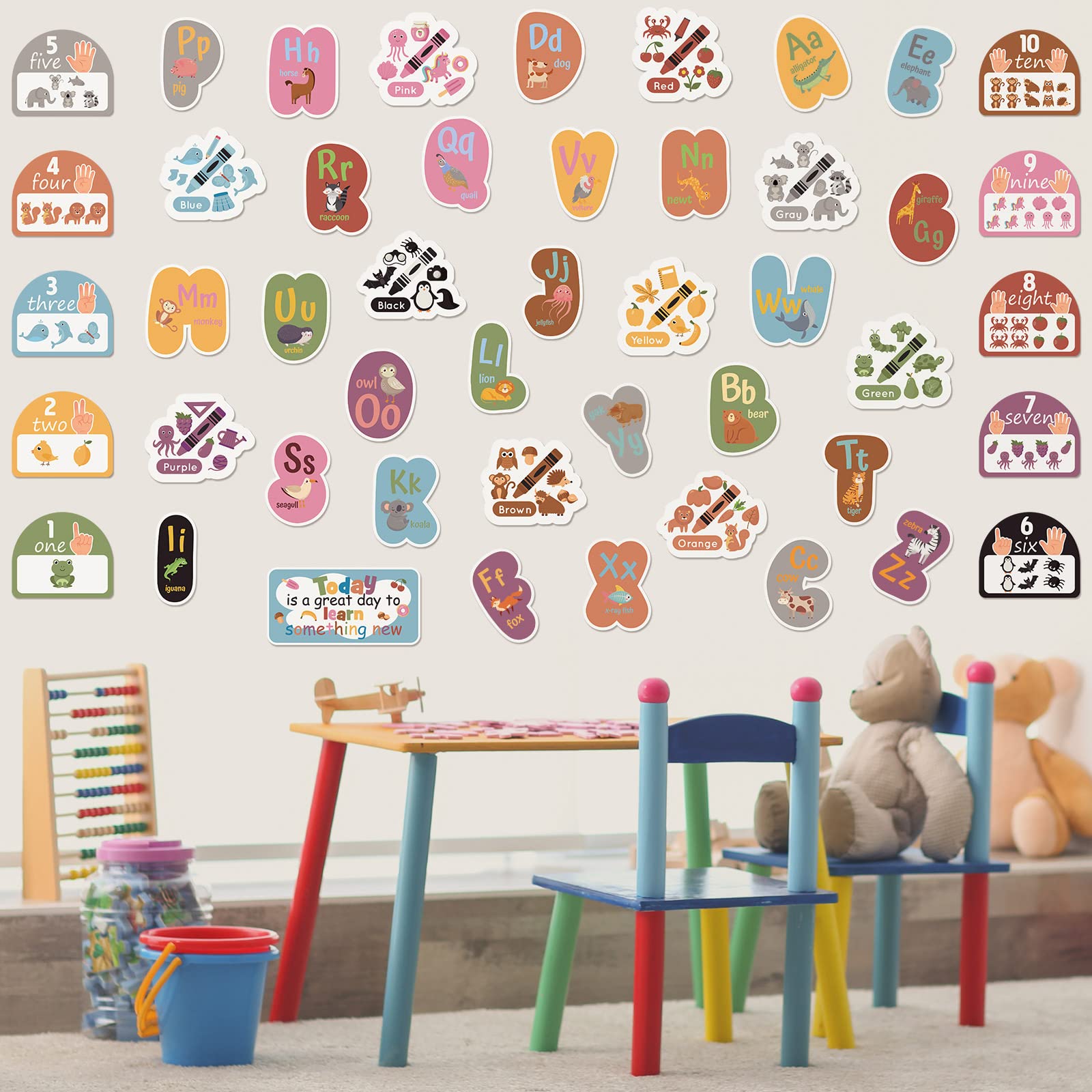 Crtiin 47 Pcs Bulletin Board Alphabet Set Classroom Wall Boho Educational Number Poster ABC Animal Learning Cutout Set Color Number Letters Wall Decals School Teaching Tool Homeschool Supplies