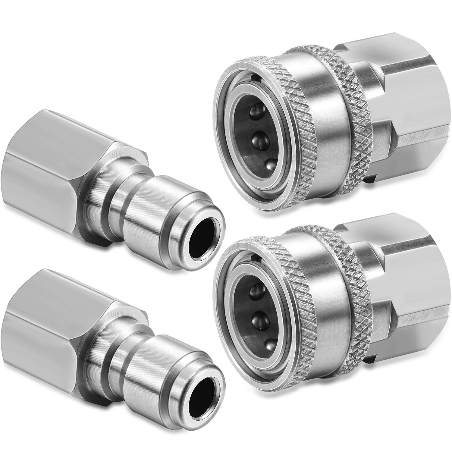 2 Sets Hotop NPT 3/8 Inch Stainless Steel Male and Female Quick Connector Kit Pressure Washer Adapters (Internal Thread)