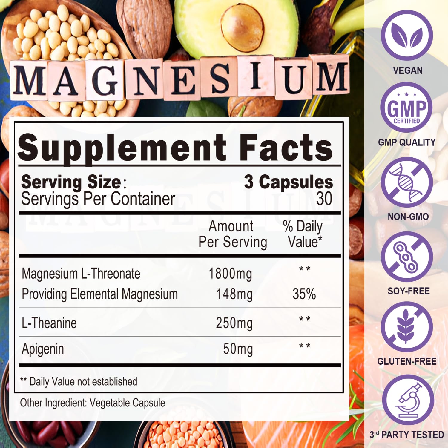 Magnesium L-Threonate Complex Supplement with Apigenin and L-theanine, High Absorption Magnesium Threonate for Sleep Aid, Brain Health and Cognitive Function, Gluten Free, Non-GMO, 90 Capsules