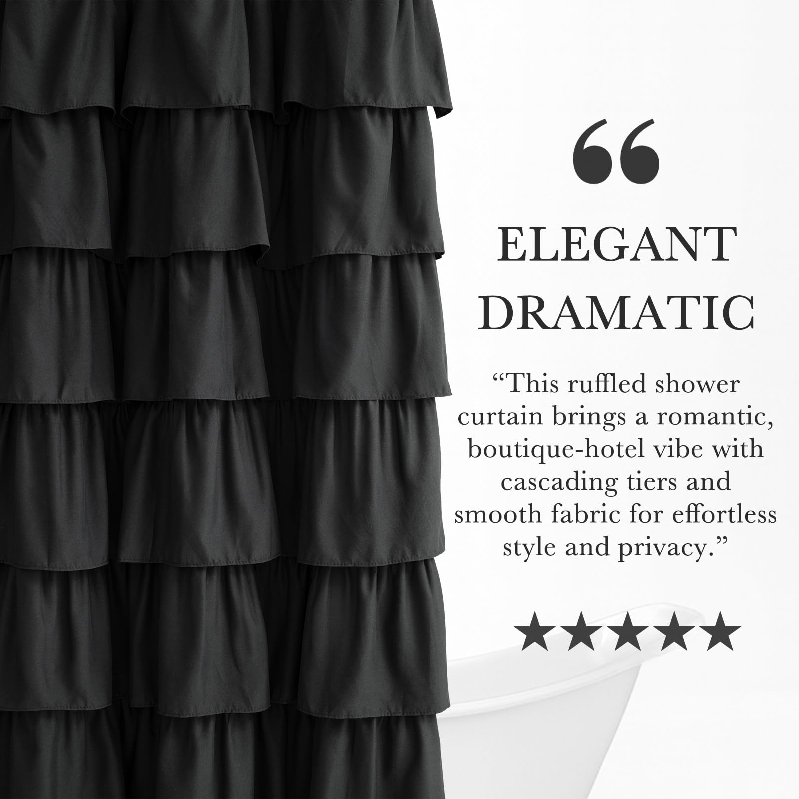 Seasonwood Black Ruffled Shower Curtain 72x72 Inch Farmhouse Bathroom Decor with Nature Buttons, Shabby Chic & French Country Style Fabric Curtain for Bath