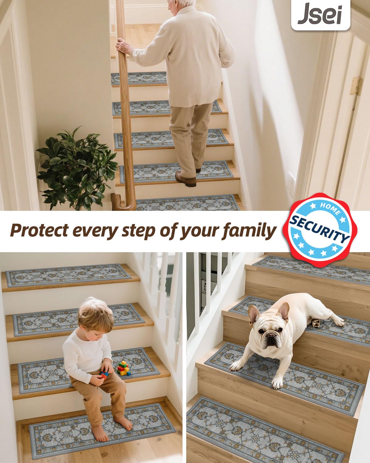 JSEI Stair Treads for Wooden Steps, 15 Pack 8" X 30" Non-Slip Machine Washable Carpet Stair Treads with TPE Backing, Soft Indoor Stair Rug Runner for Kids Elders & Pets, 100% Polyester, Grey/Orange