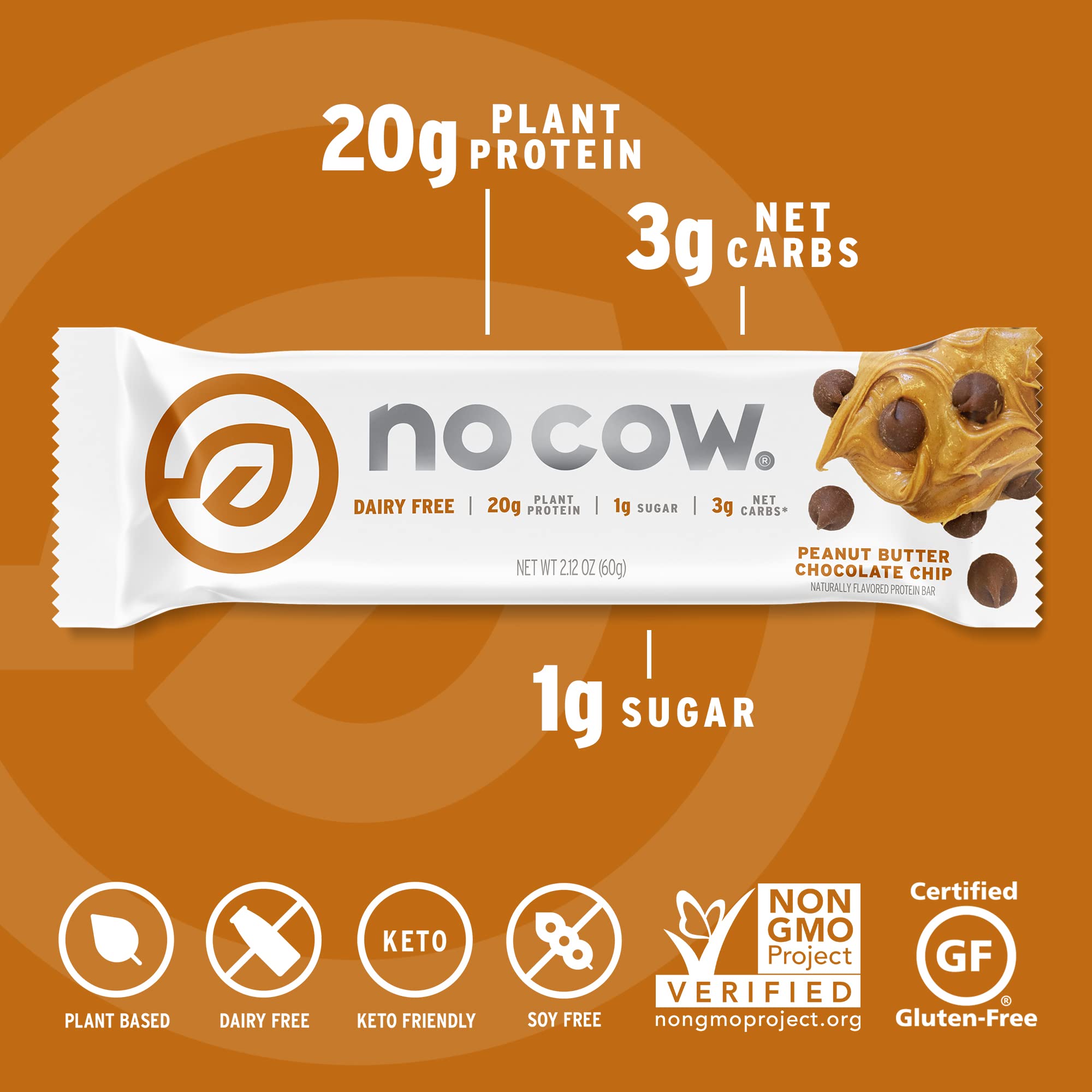 No Cow High Protein Bars, Peanut Butter Chocolate Chip - Healthy Snacks, 20g Vegan Protein, High Fiber, Low Sugar, Dairy & Gluten Free (12 Count)