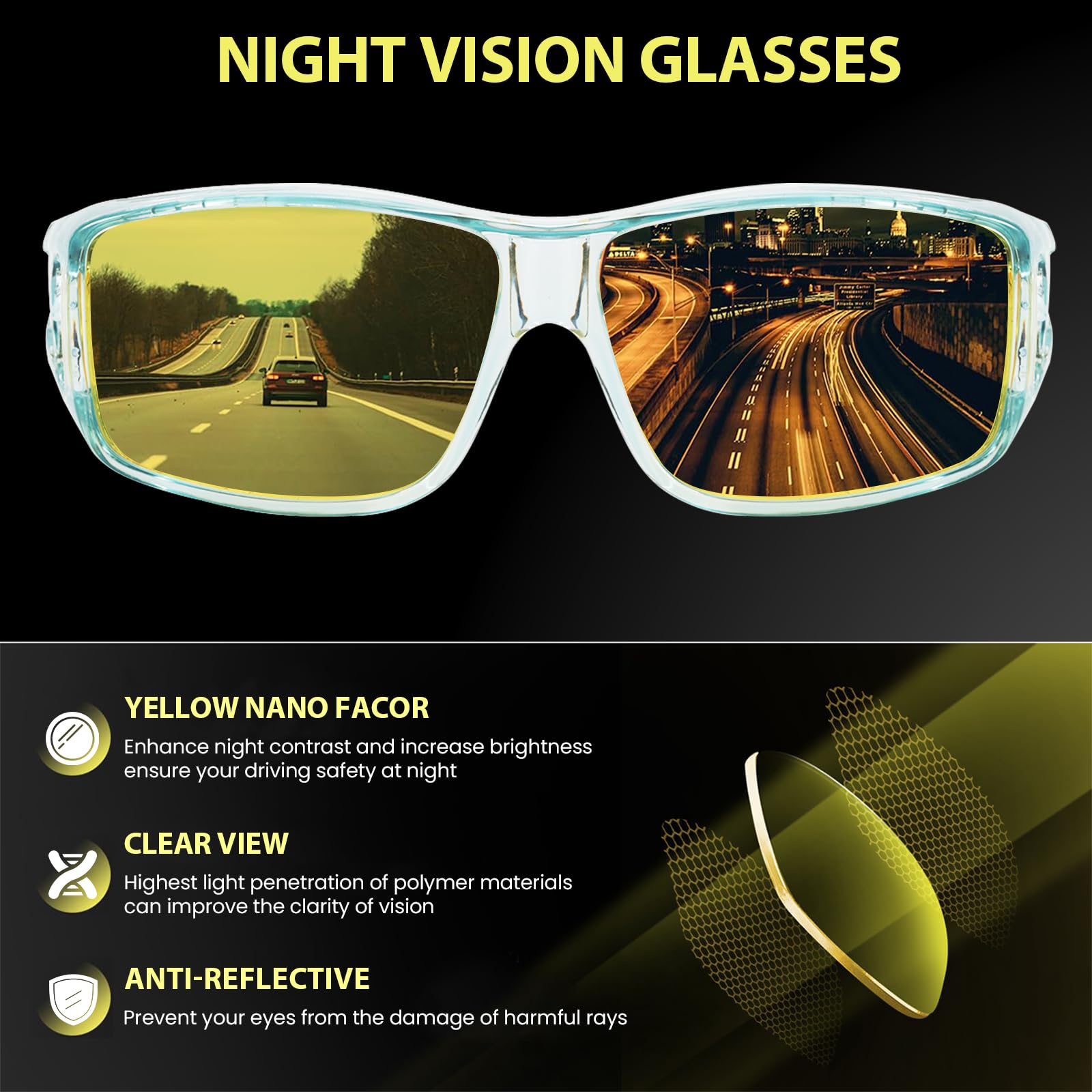 TJUTR Night Vision Driving Glasses Fit Over Glasses for Men Women, Anti Glare Polarized Nighttime Glasses Yellow Lens