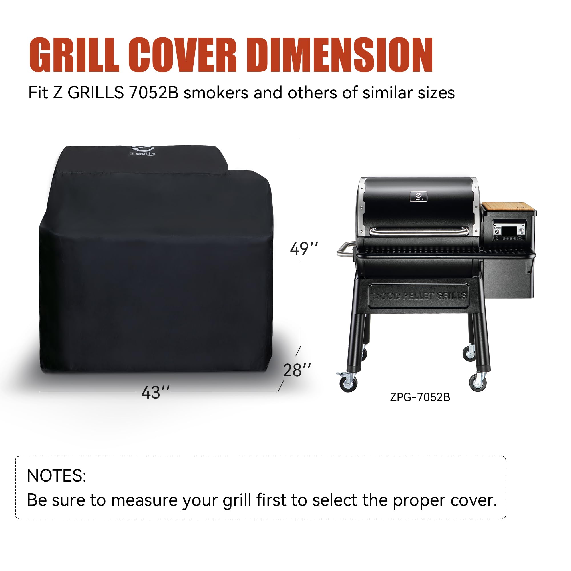 Z Grills Pellet Grill Cover 43 Inch | Official Genuine | Upgraded 600D Polyester Fabric, Heavy Duty, Waterproof, Weather Resistant Full Length Grill Cover for 7052B Pellet Smoker