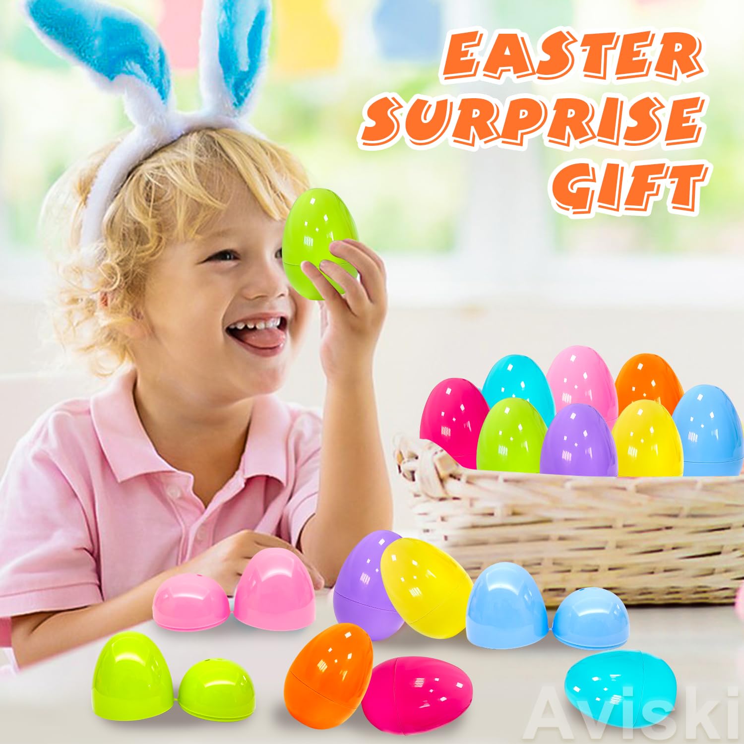 Aviski 200Pcs 2.36inch Colorful Easter Plastic Eggs for Kids Egg Hunt Basket Bag Empty Stuffers Fillers with 2pcs Cute Non Woven Bags, Toys Filling Treats and Easter Theme Party Supplies Favor