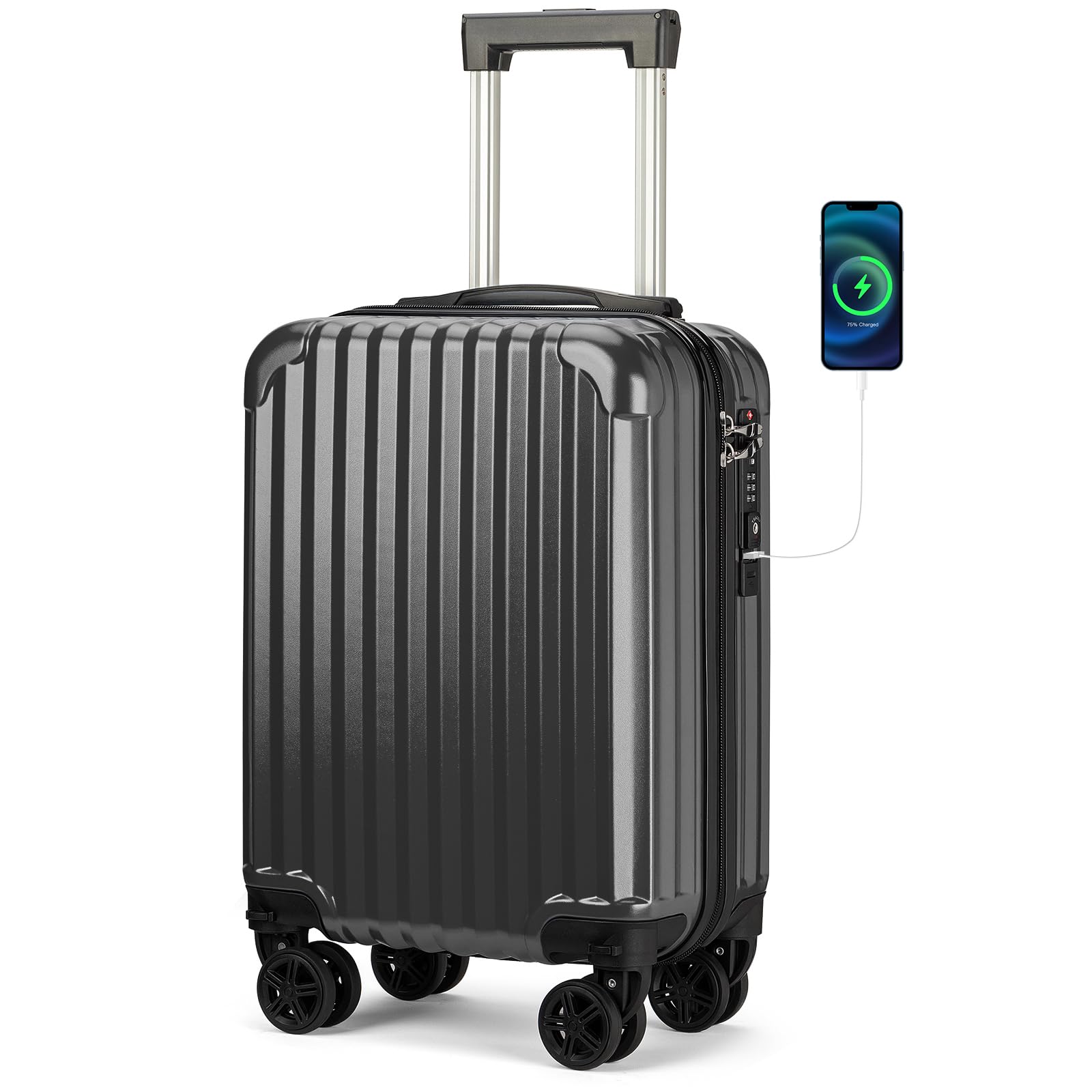 Boardingblue Personal Item Suitcase 18x14x8 Hardside Built In TSA Lock & USB Port Lightweight Luggage With Removable Silent Wheels Underseat Carry-On Bag For Spirit and Frontier and More (Black)