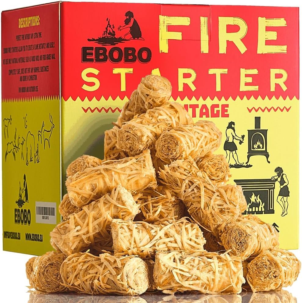 50 pcs Natural Fire Starters for Fireplace, Wood Stove, Charcoal Grill, BBQ, Fire Pit & Smoker – Wood Wool & Wax Rolls – Easy to Light, No Prep, No Mess
