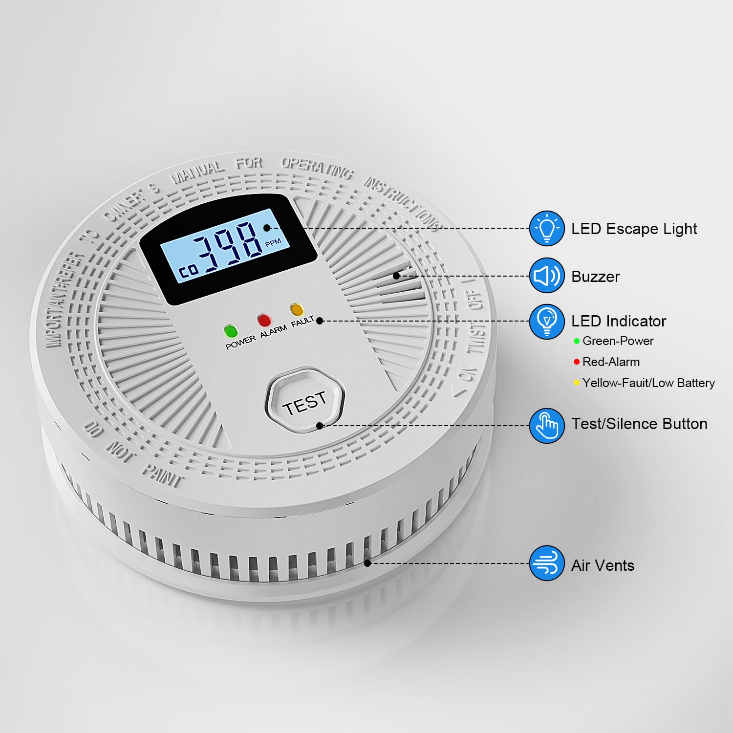 3 Pack Combination Photoelectric Smoke and Carbon Monoxide Alarm Detector with Digital Display; Battery-Operated Smoke Carbon Monoxide Alarm