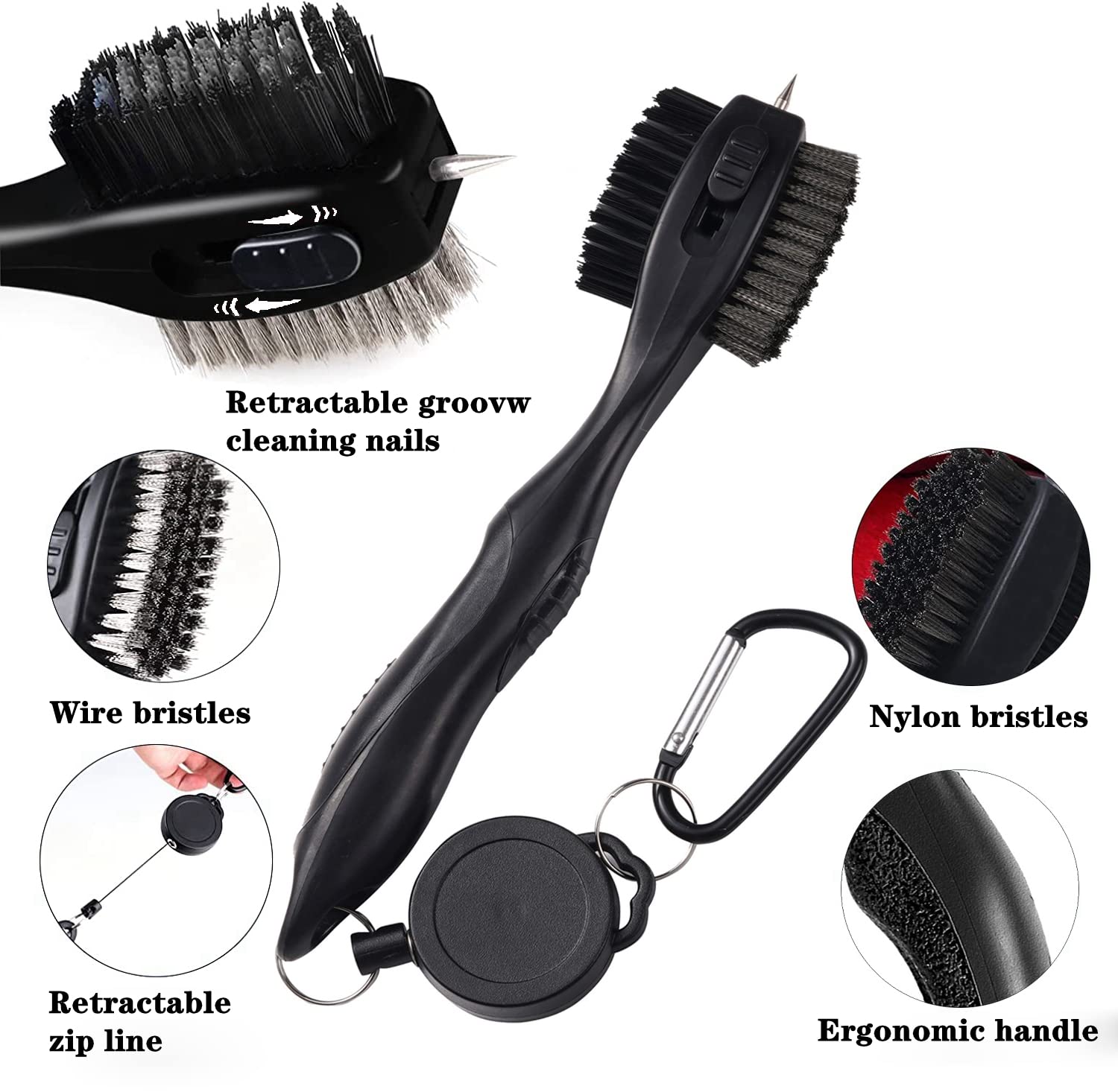 Lesunsul Golf Club Brushes, Golf Cleaning Tool, with Retractable Cleaning Nails, Nylon and Wire Bristles Oversize Double Brush Head with 2ft Retractable Zip-line Metal Buckle (Black)