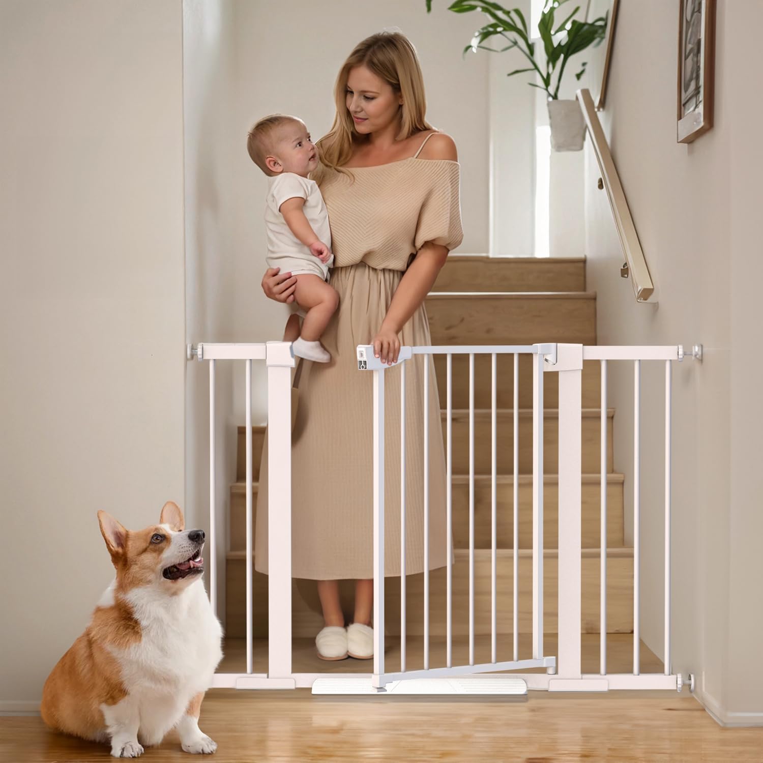 Mumeasy Baby Gate for Stairs - 29.6-46" Auto Close Dog Gate for Doorways, Extra Wide Child Gate Indoor, Walking Through Safety Gate for Kid, Pet Gates No Drilling White, Mom's Choice Awards Winner