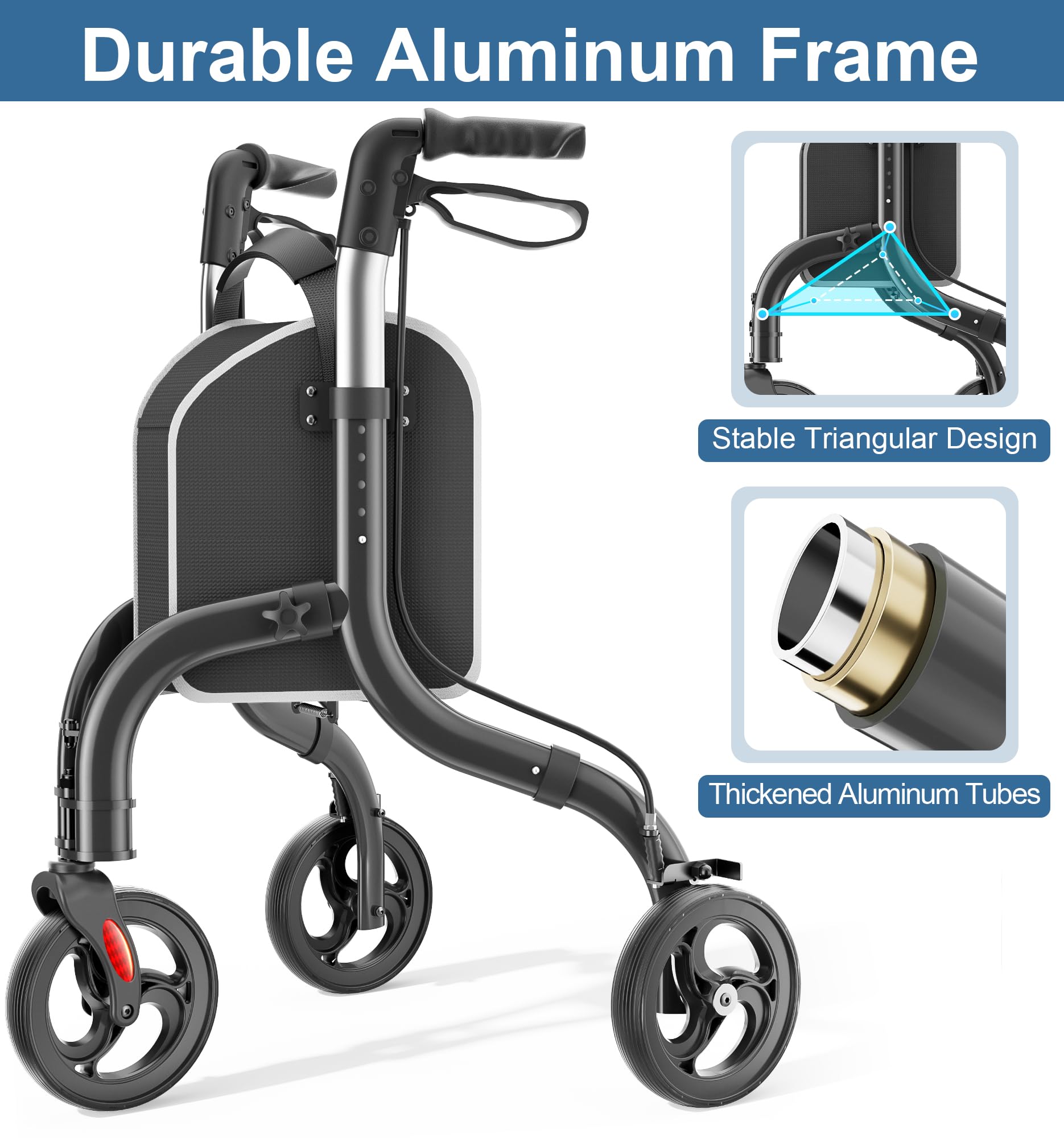 HOMLAND 3 Wheel Walkers for Seniors, Lightweight Foldable Aluminum Three Wheel Walker, Height Adjustable Compact Rollator Walker with Removable Storage Bag