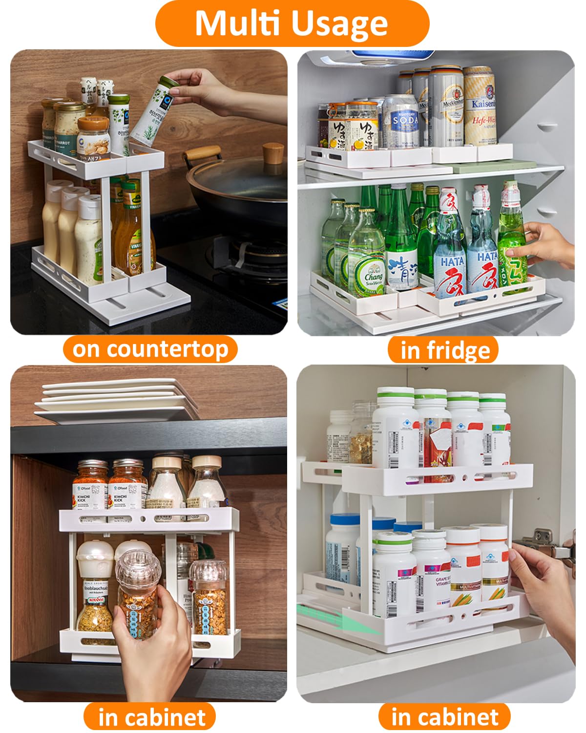 FDWYTY Spice Rack Organizer, Pull & Rotate Cabinet Shelf with 2 Double-Decker Shelves, Organization and Storage for Seasoning Jars, Medicine, Fridge - 1 Pack, 7.88”H x 6.3”W x 11.7”D