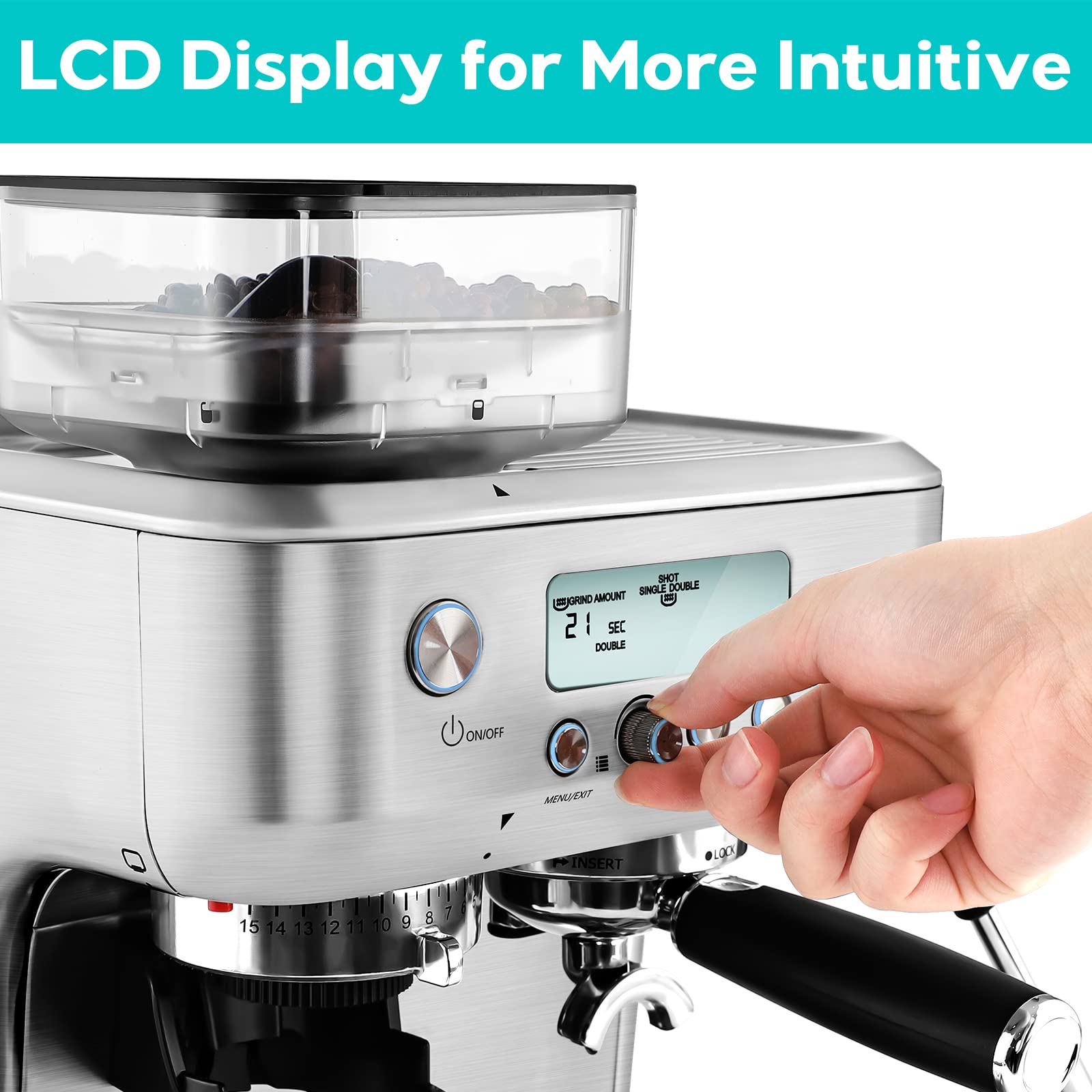 CASABREWS Espresso Machine with Grinder, Barista Espresso Maker with Milk Frother Steam Wand, Professional Cappuccino Latte Machine with LCD Display, Gifts for Dad, Mom and Coffee Enthusiast