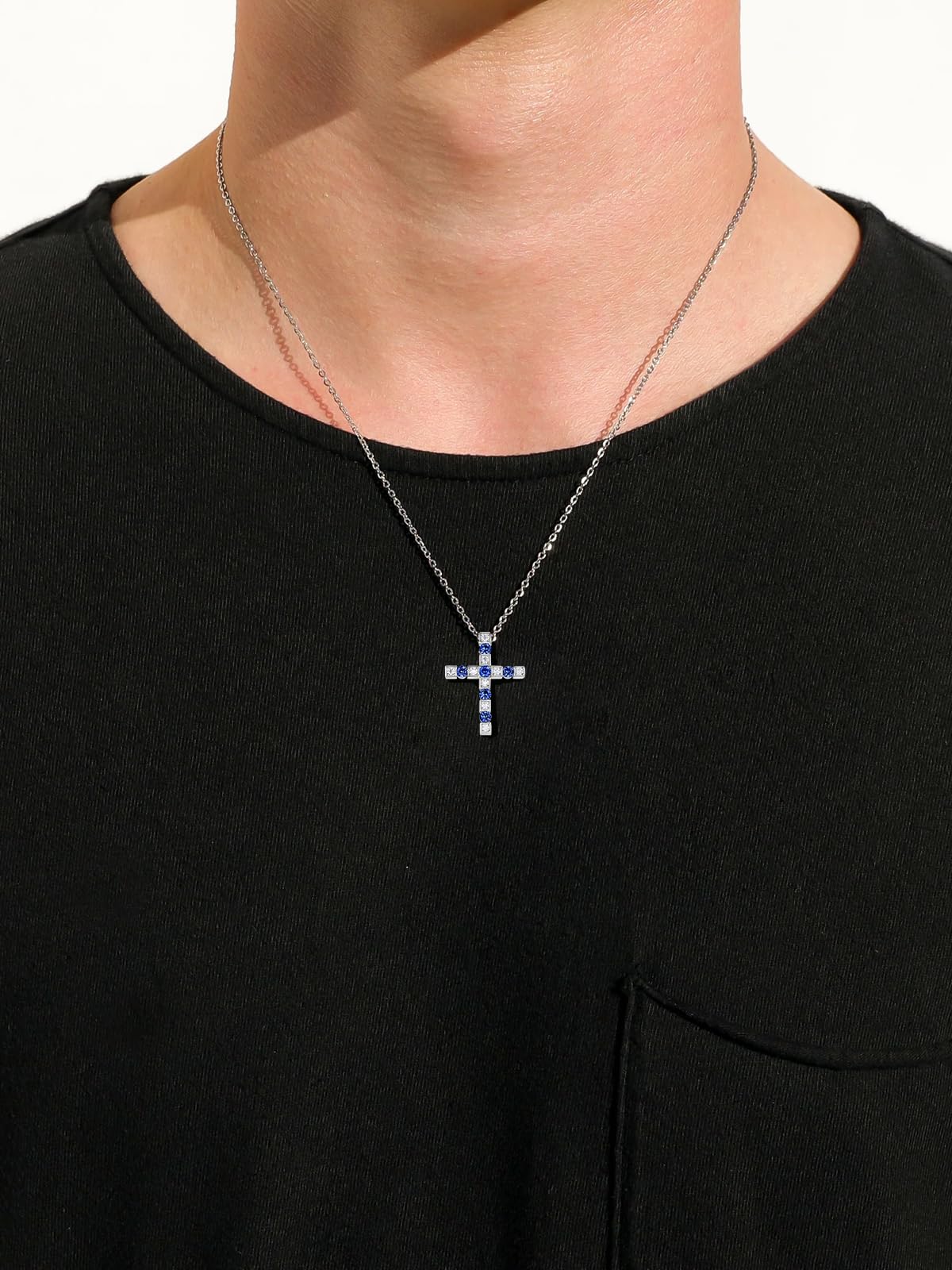 FWM Men Blue Cross Necklace 925 Sterling Silver Moissanite and Sapphire Cross Pendant for Women September Birthstone Gifts