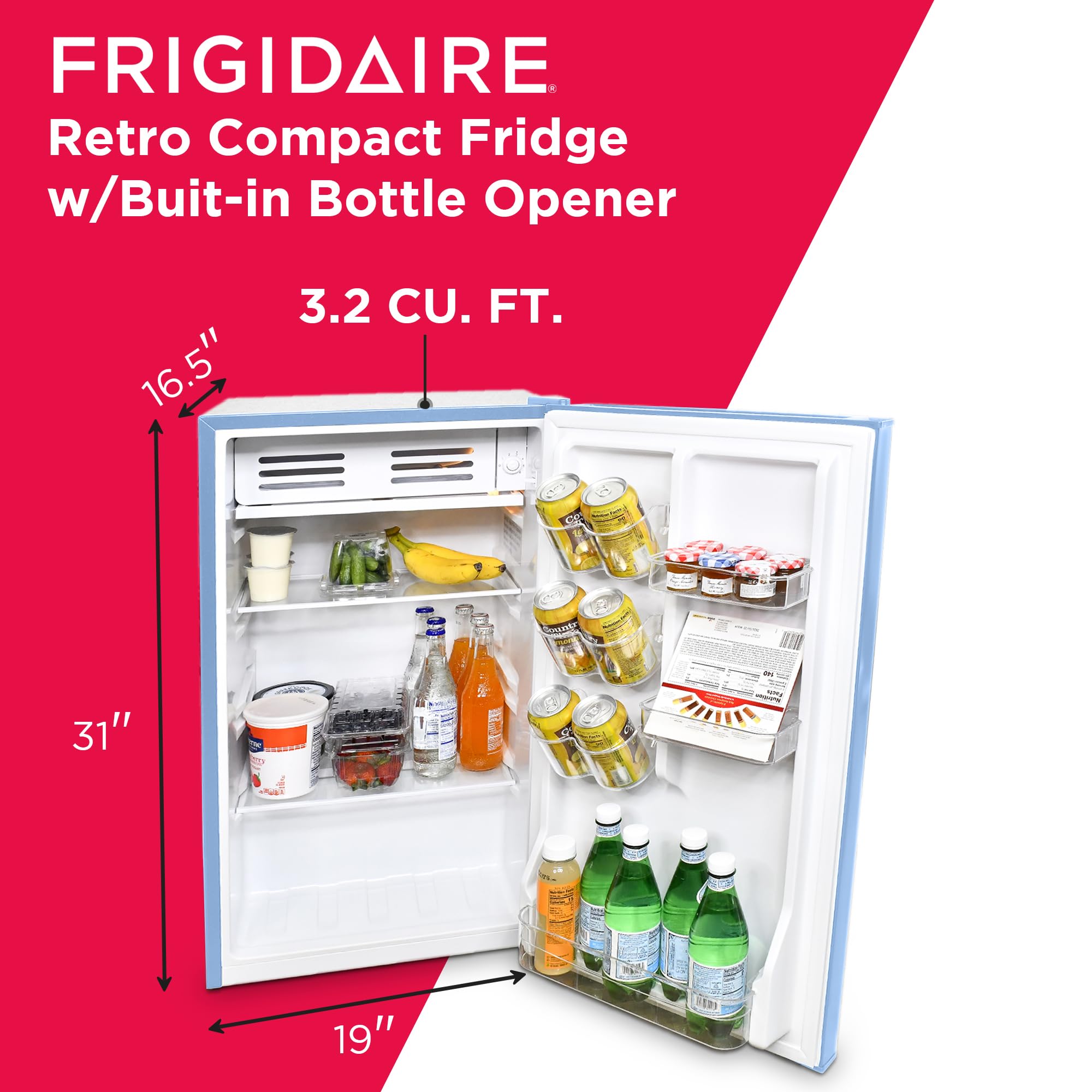 Frigidaire Retro Compact Fridge with Chiller, 3.2 cu ft Countertop Fridge with Built-In Bottle Opener, Compact Refrigerator for Office, Bedroom, Dorm Room or Cabin - 16.5"D x 19"W x 31"H (Blue)