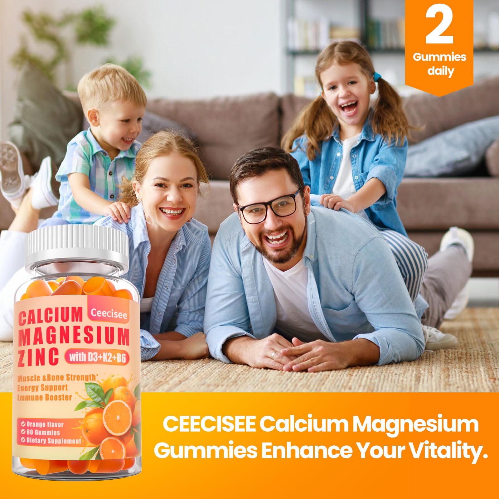 Calcium Magnesium Zinc Gummies with D3 &B6 &K2,1000mg Calcium Gummies with 300mg Magnesium Support Immune Energy for Adults and Teens,Sugar Free(120Count)