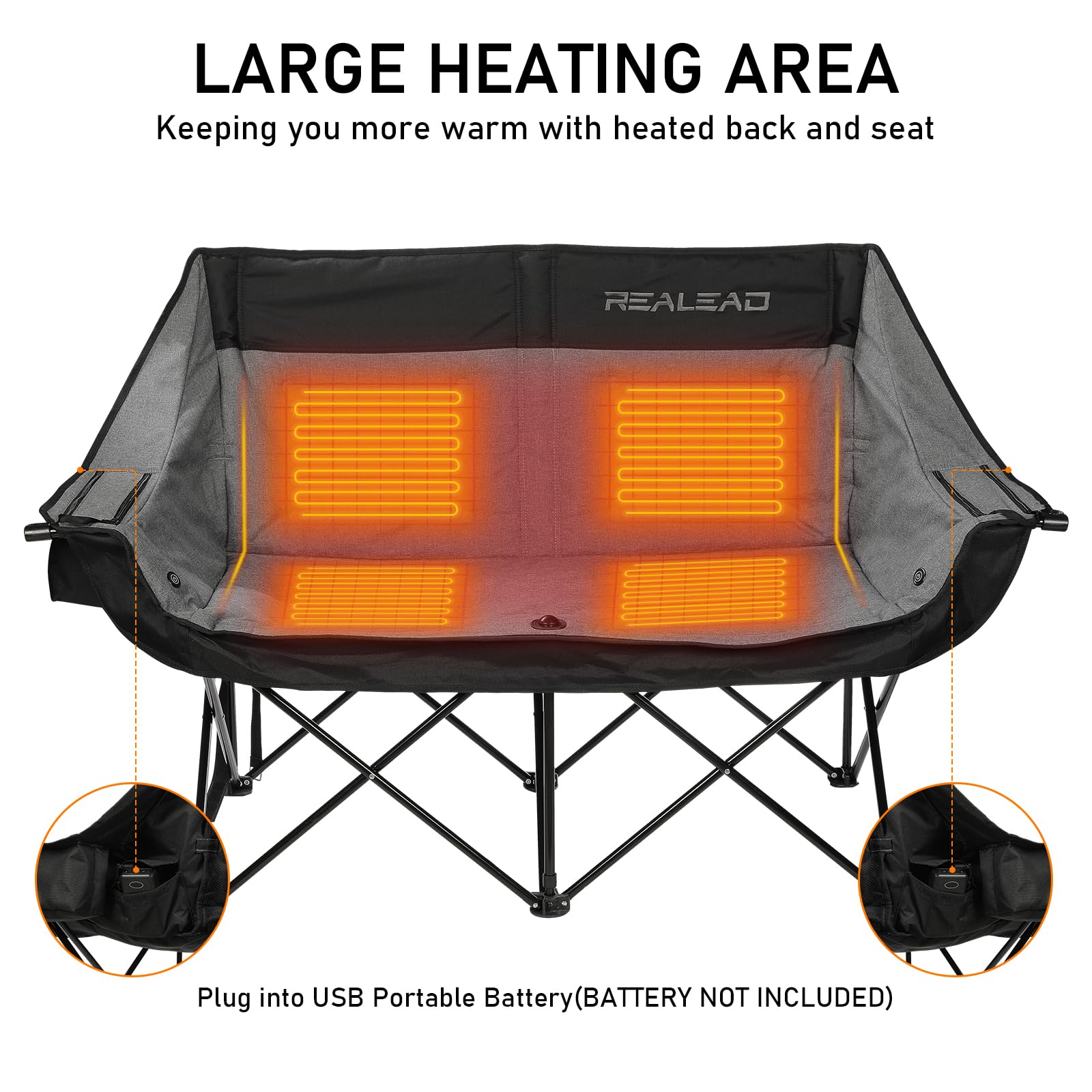 REALEAD Heated Loveseat Camping Chair | 3 Heat Levels and 4 Heating Zones | Portable Heated Chair for Outdoor Sports | Support 550lbs | Heated Folding Chairs for Outside | Battery NOT Included