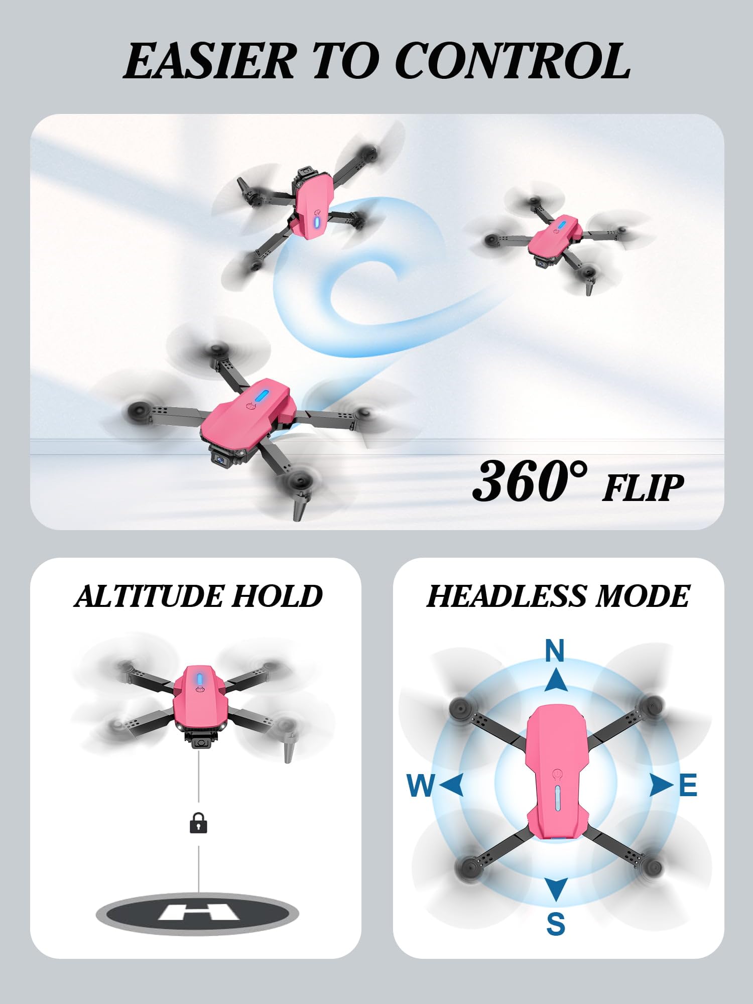 Drone for Kids 8-12, 13-15, Drone with Camera, Foldable Remote Control Quadcopter with Altitude Hold, Gestures Selfie, One Key Start, 360° Flips, 2 Batteries, Toy Gifts for Boys Girls (Pink)