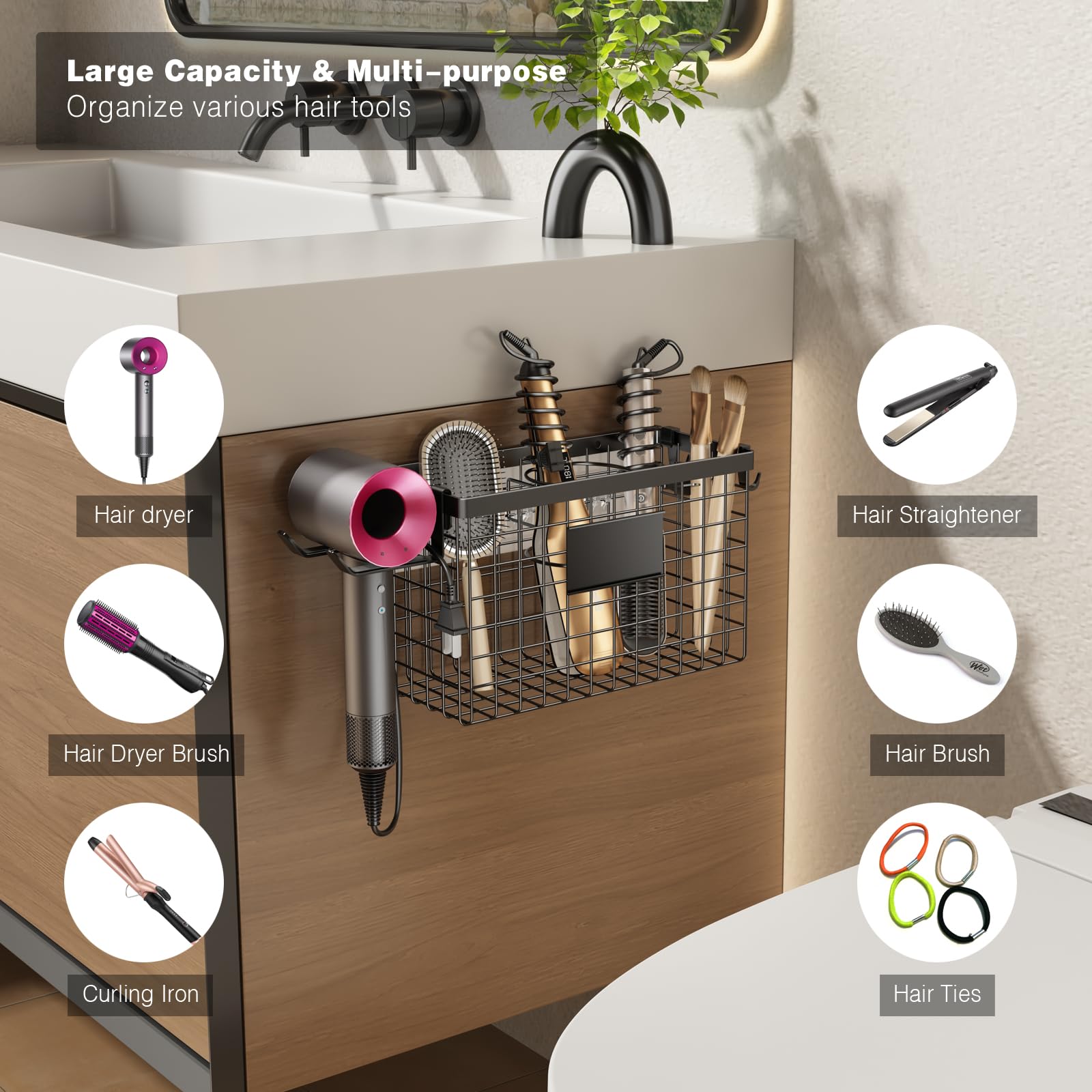 Voldra Hair Dryer Holder Cabinet Door, Adhesive Hair Tool Organizer Wall Mount Adjustable Height Blow Dryer Holder Under Sink/Countertop for Flat Curling Iron, Hair Brush and Straightener (1, Black)