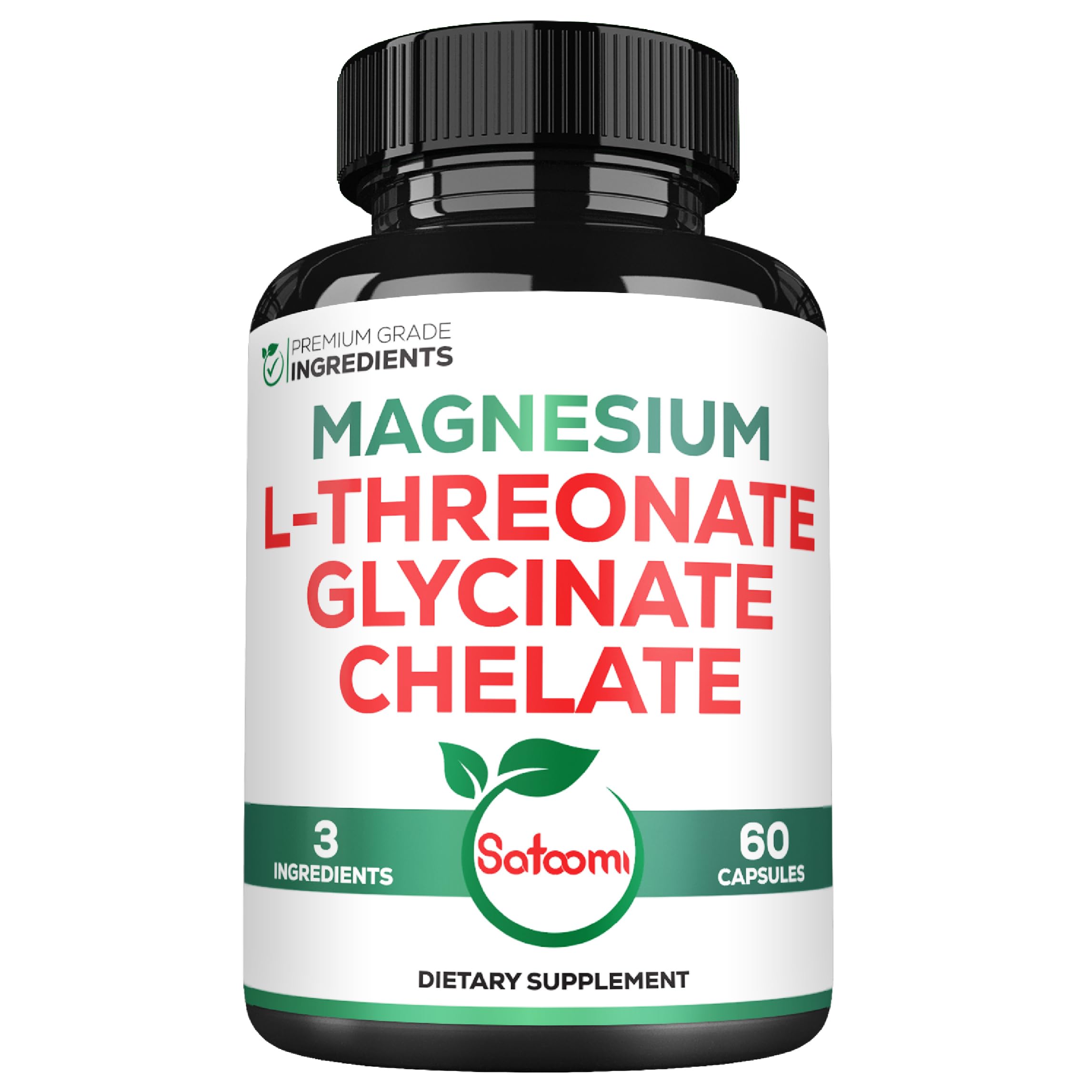 Satoomi 1200mg 3in1 Magnesium L-Threonate Supplement with Magnesium Glycinate & Magnesium Chelate - 60 Vegan Capsules